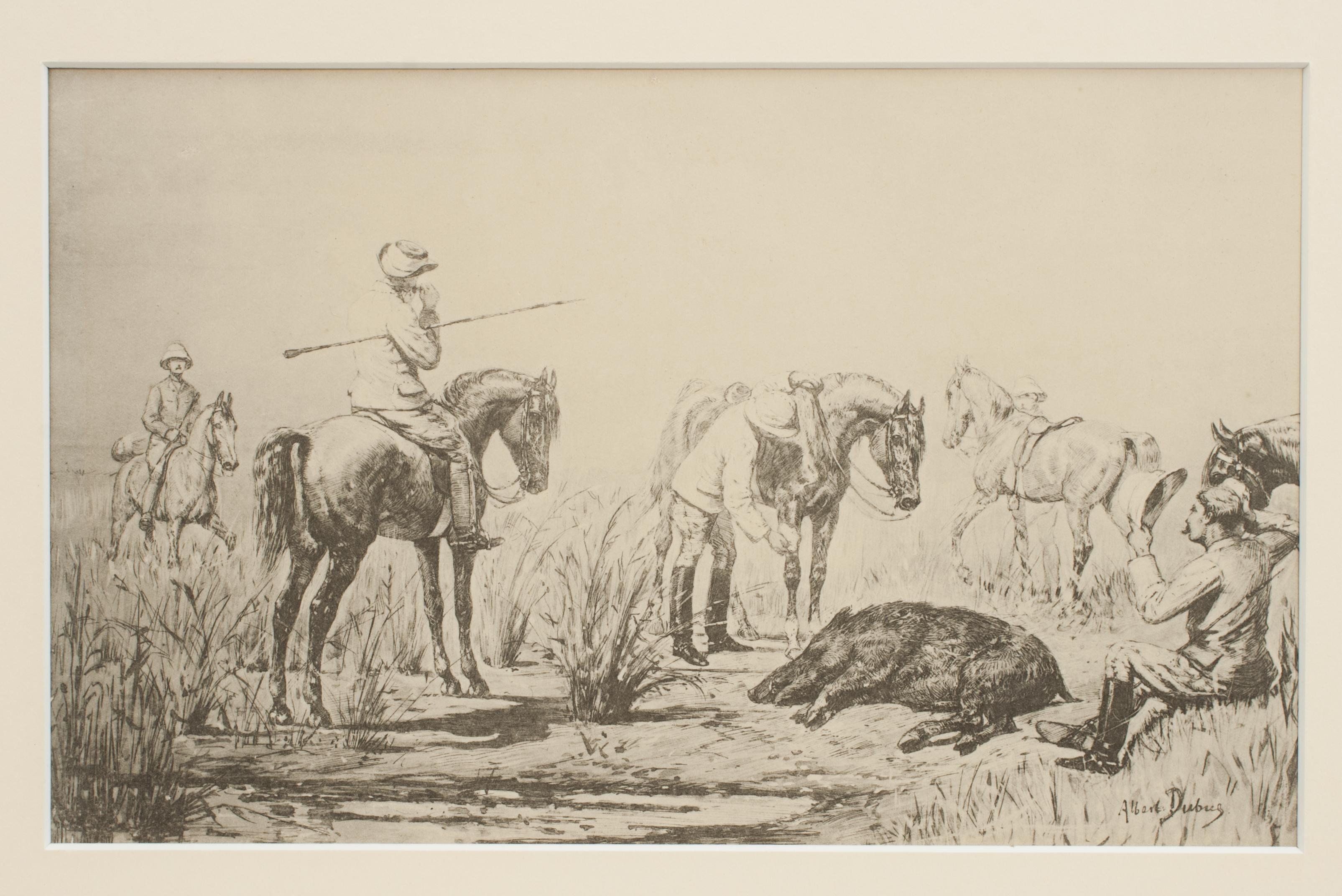 Milieu du XIXe siècle Ensemble de quatre estampes de porc accroché, lithographies. en vente