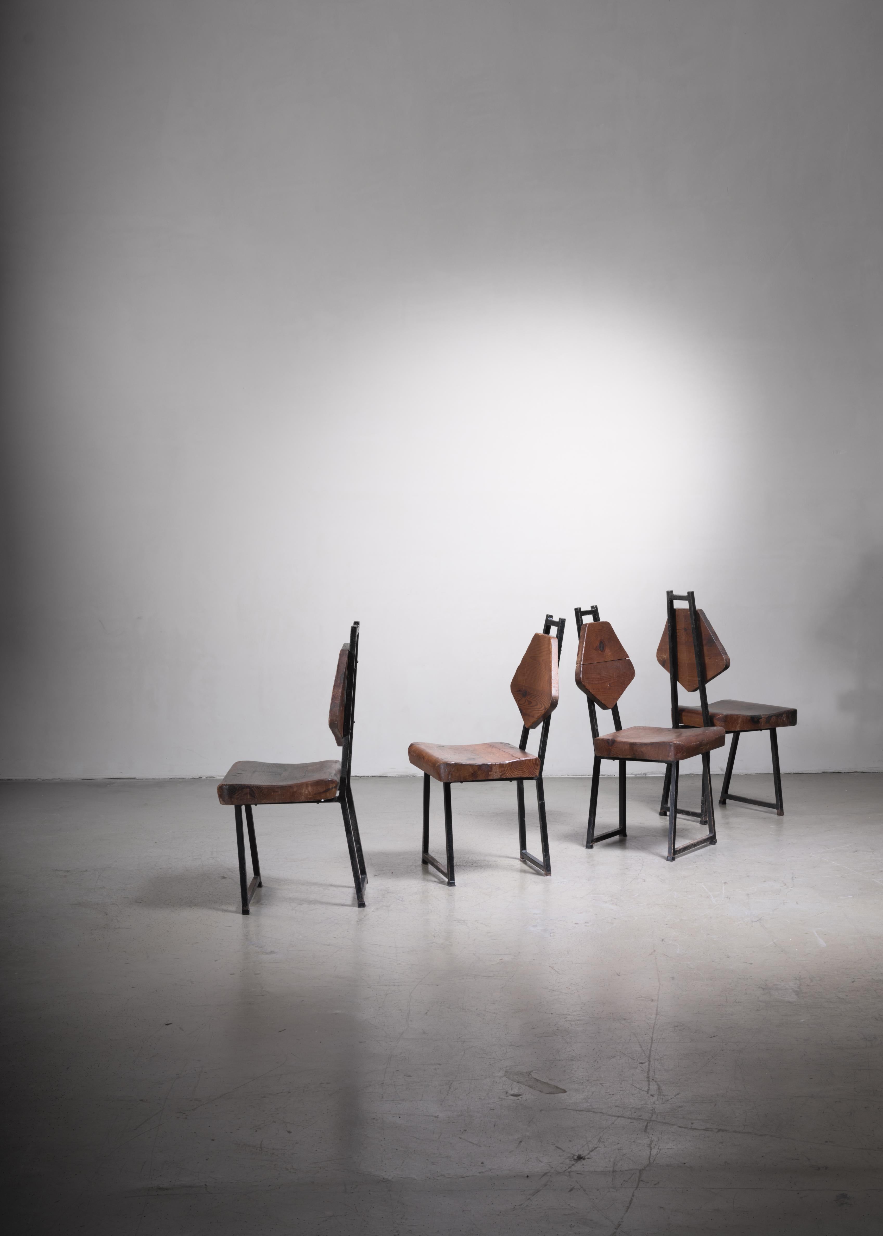 Mid-Century Modern Set of Four Pine and Iron Chairs, France, 1950s For Sale