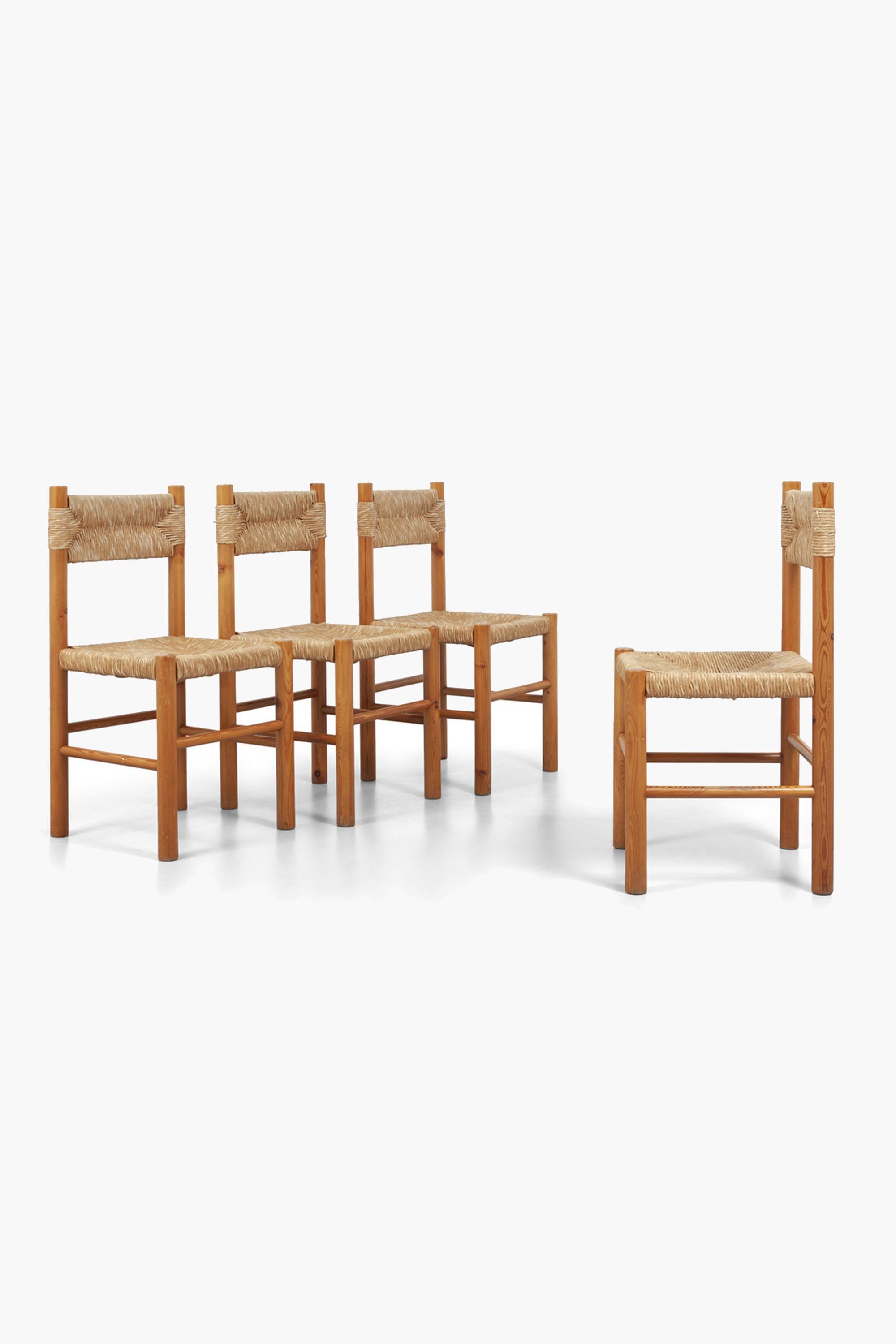 Set of four Pine & Rush 'Dordogne' style dining chairs, 1960s

A set of four 1960s French rush dining chairs in the style of the 'Dordogne' chair designed by Charlotte Perriand for Robert Sentou.

All solid with original rush seats in good