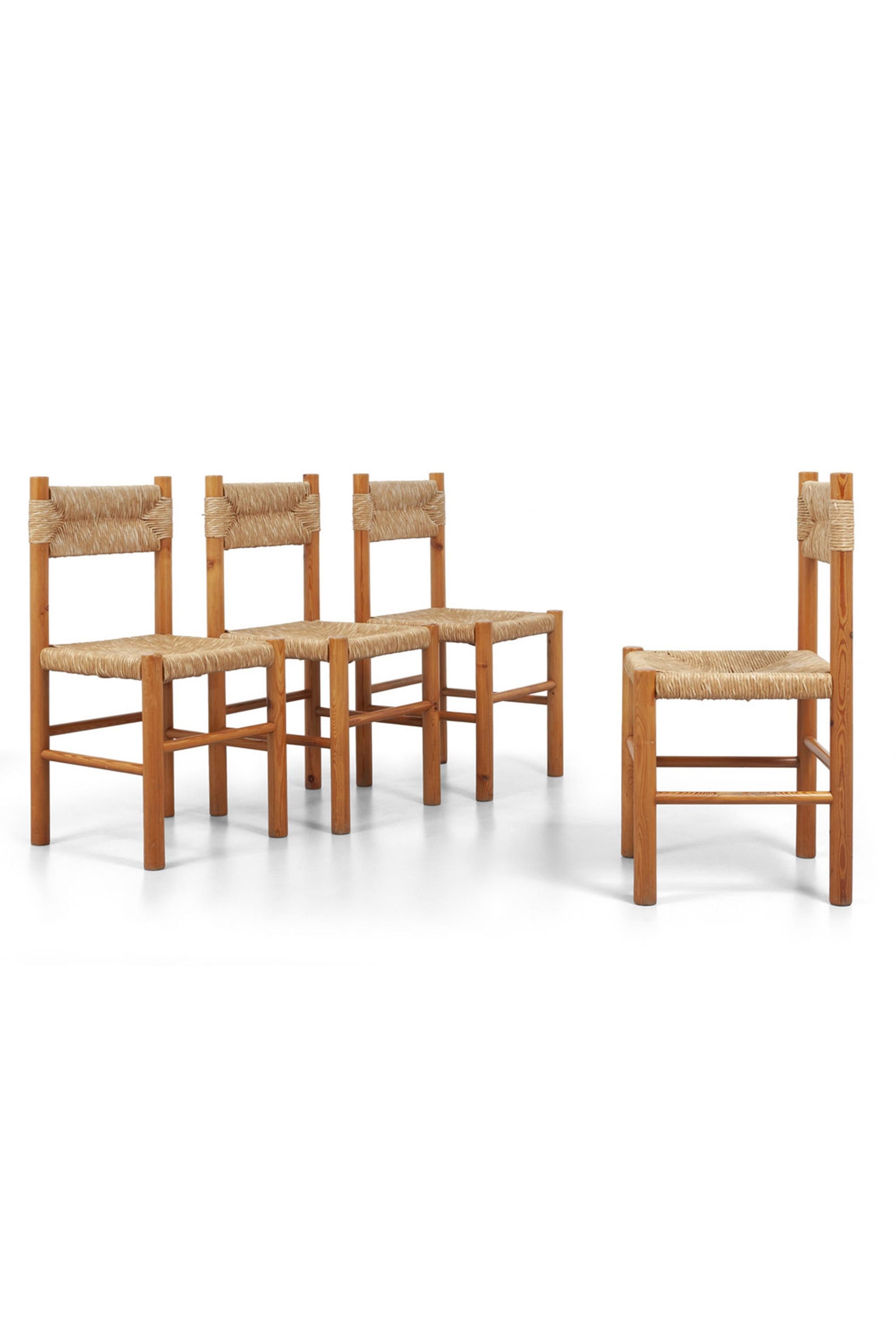 French Set of Four Pine and Rush 'Dordogne' Style Dining Chairs, 1960s