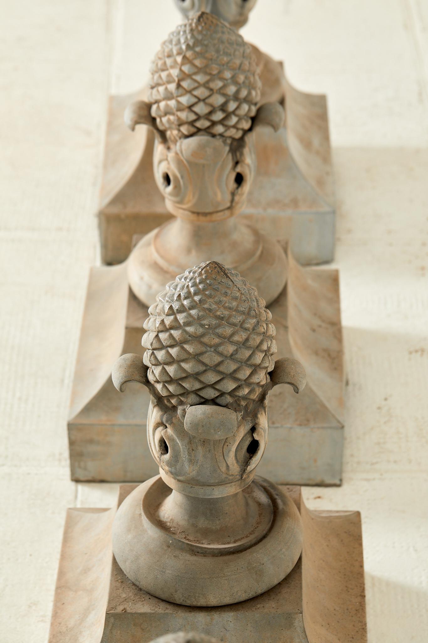 French Set of four pine cone-shaped finials, zinc, circa 1990, France. For Sale