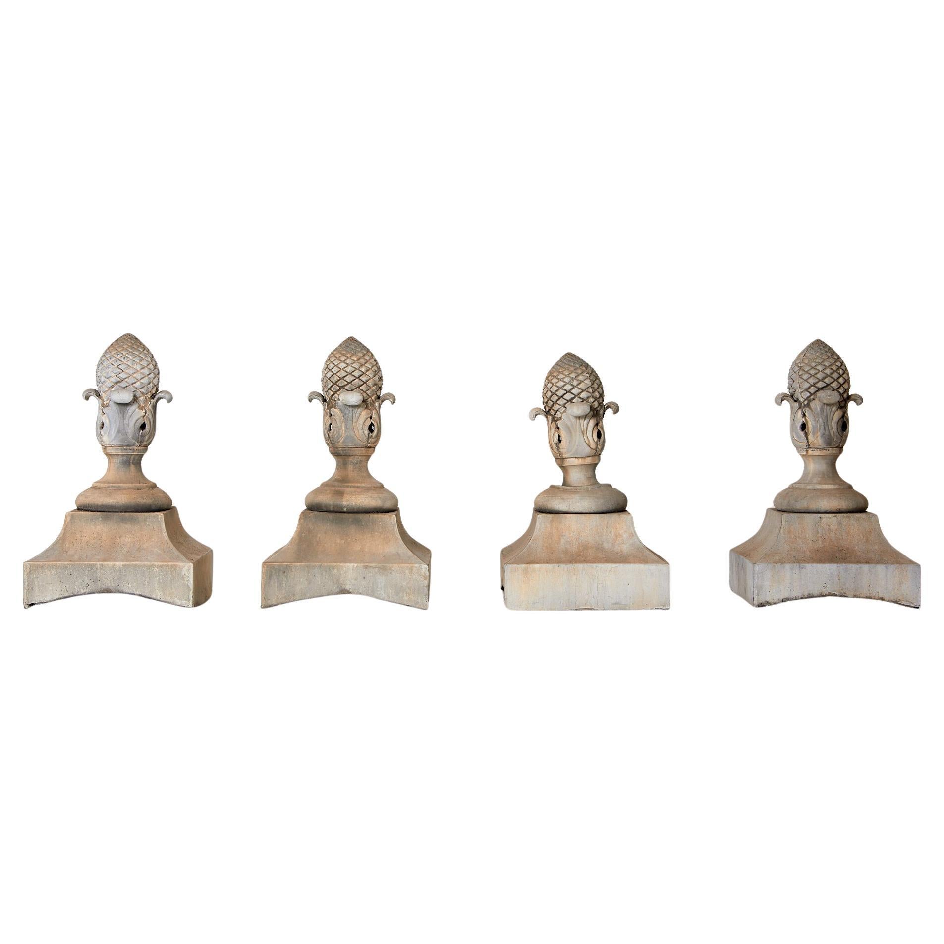 Set of four pine cone-shaped finials, zinc, circa 1990, France. For Sale