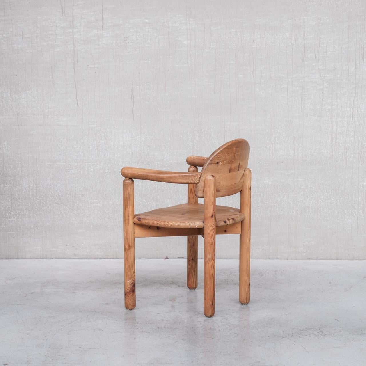 A set of four dining chairs, often attributed to Rainer Daumiller. 

Denmark, c1970s. 

In original muted pine finish.

Price is for the set of 4. More can be sourced upon demand to make a larger set. We also have armless versions separately.