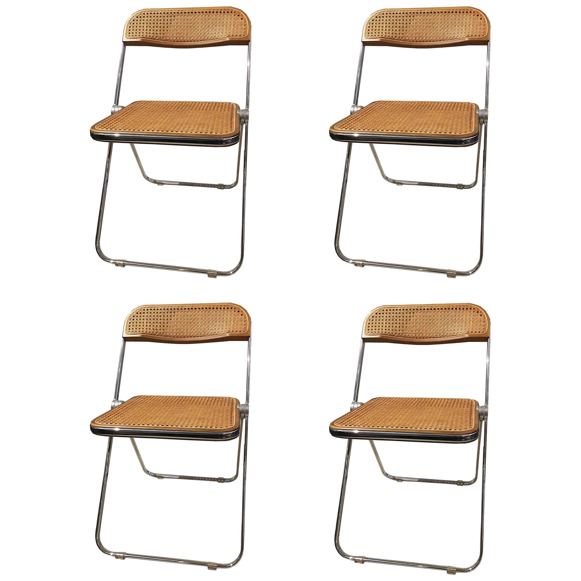 Set of Four Plia Cane and Walnut Chairs by Giancarlo Piretti for Castelli