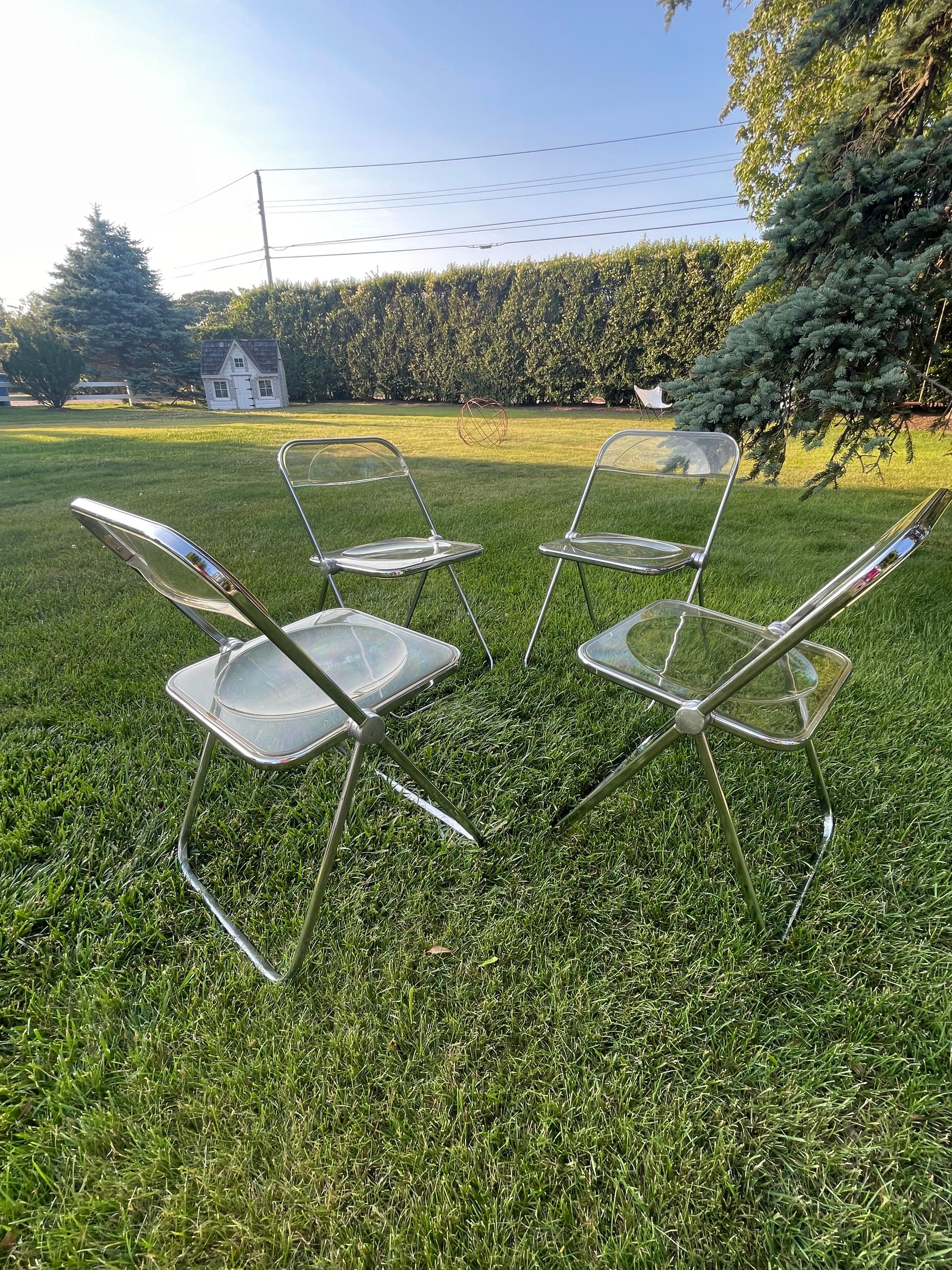 Chrome Set of Four Plia Lucite Italian Folding Chairs For Sale