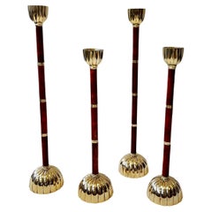 Set of Four Polish Brass and Red Wood Candle Holders