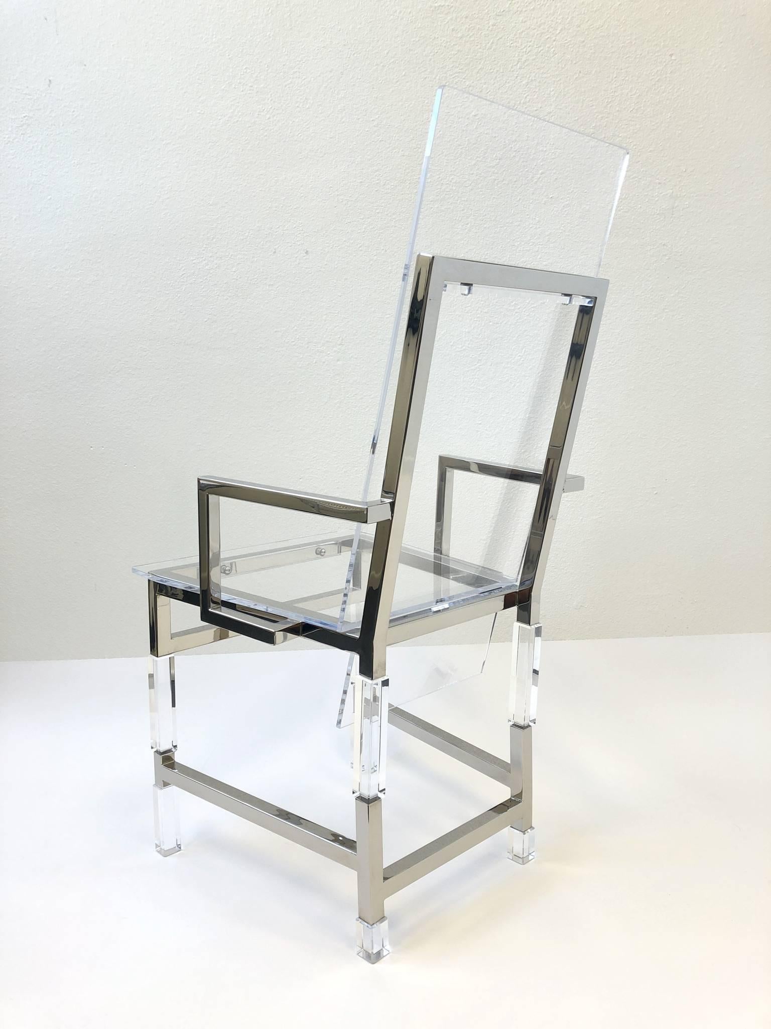 Modern Set of Four Polish Nickel and Acrylic Dining Chairs by Charles Hollis Jones
