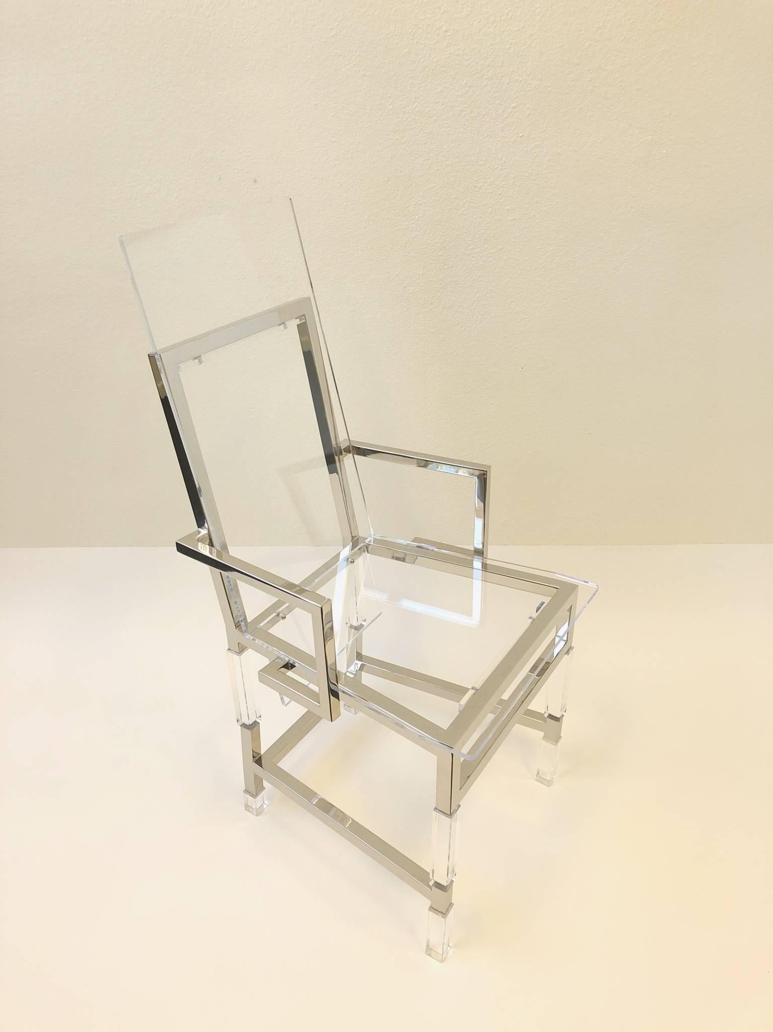 Set of Four Polish Nickel and Acrylic Dining Chairs by Charles Hollis Jones In Excellent Condition In Palm Springs, CA