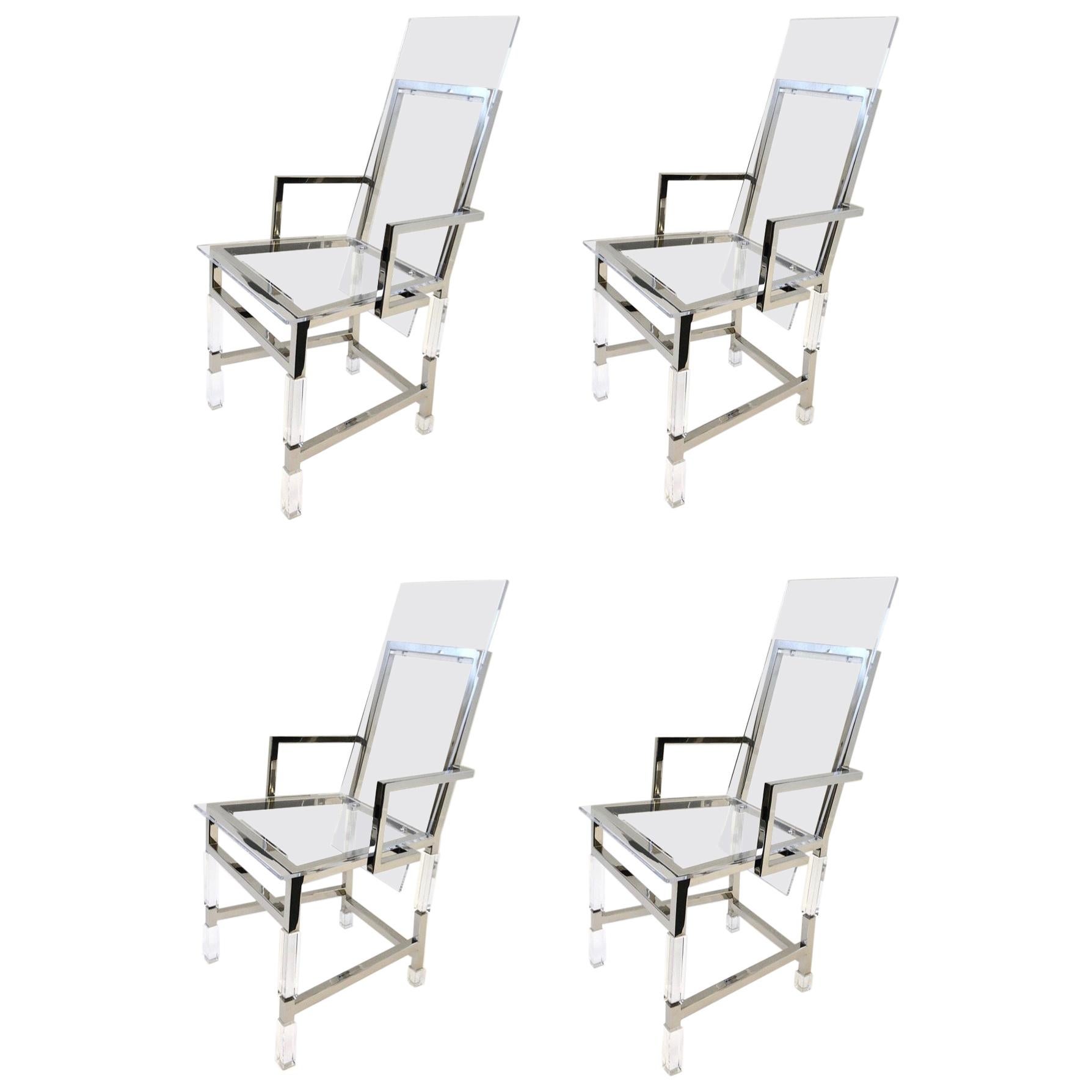 Set of Four Polish Nickel and Acrylic Dining Chairs by Charles Hollis Jones