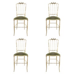 Set of Four Polished Brass Chairs Green Fabric by Chiavari, Italy, 1960