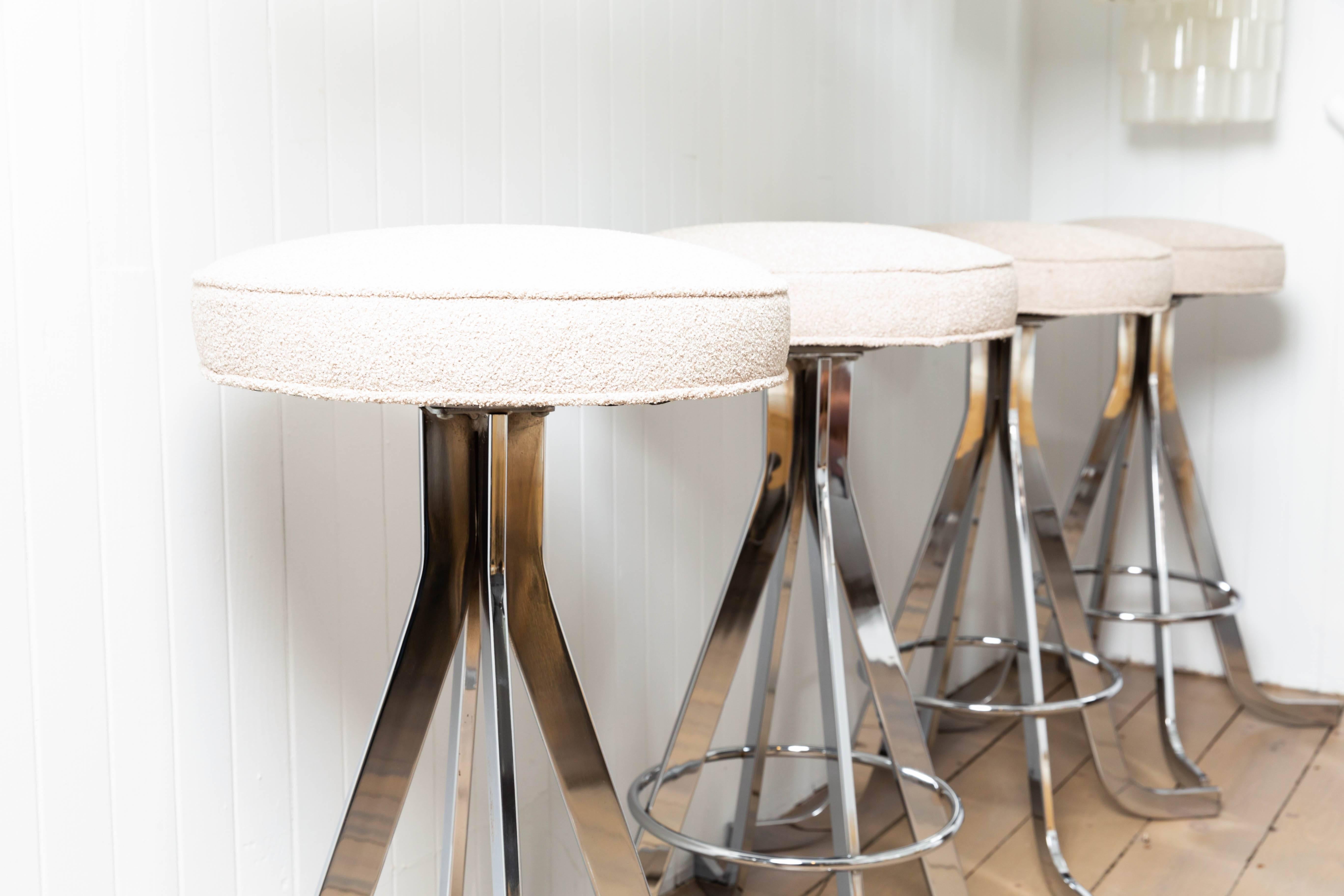 American Set of Four Polished Nickel Stools with Upholstered Circular Seats