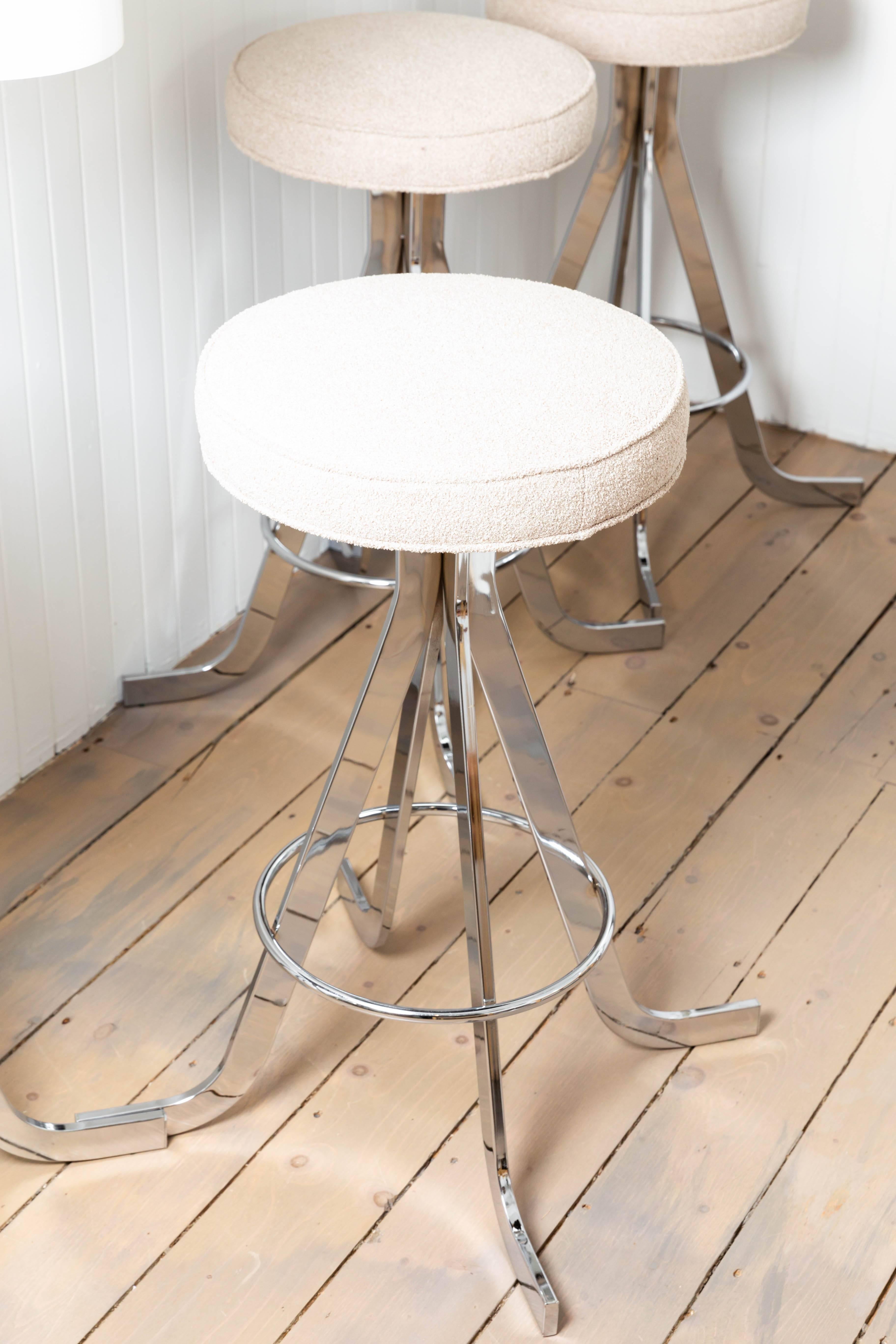 20th Century Set of Four Polished Nickel Stools with Upholstered Circular Seats