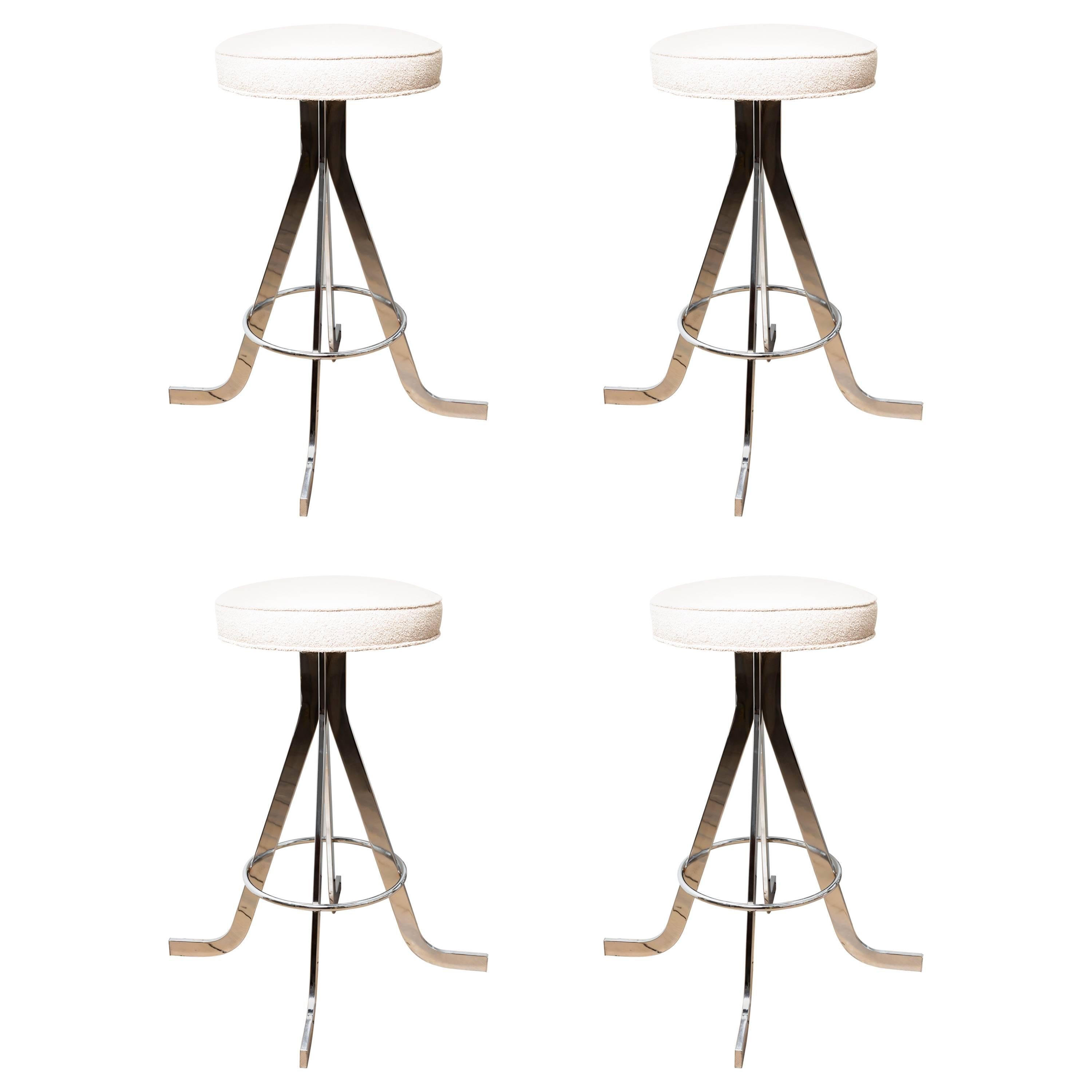 Set of Four Polished Nickel Stools with Upholstered Circular Seats