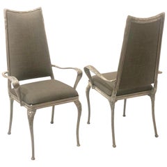 Set of Four Polished Raw Cast Aluminum Tall Back Chairs Upholstered Back & Seat 