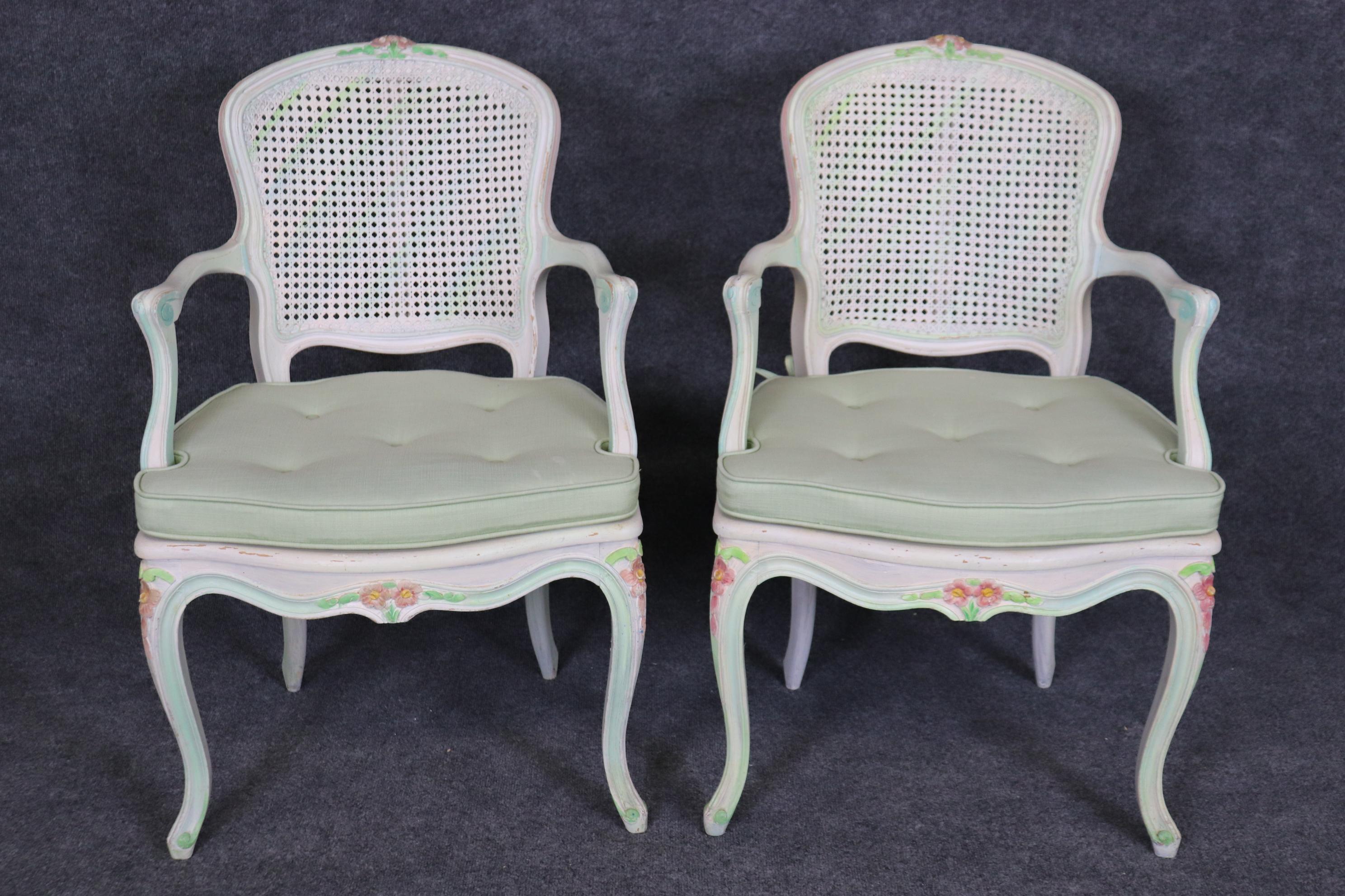 Set of Four Polychromed Cane Seat and Back French Louis XV Dining Salong Chairs  In Good Condition For Sale In Swedesboro, NJ