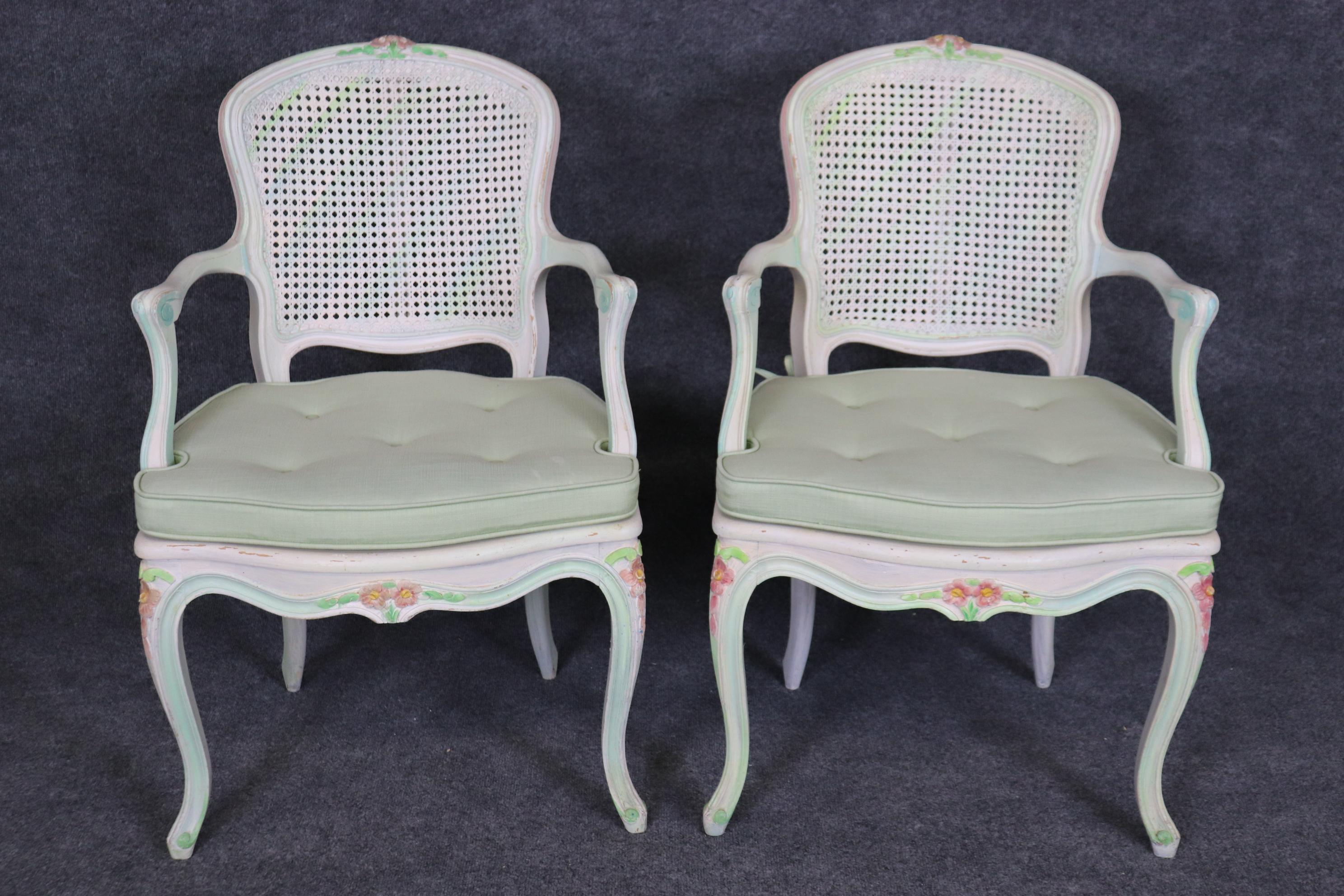 Set of Four Polychromed Cane Seat and Back French Louis XV Dining Salong Chairs In Good Condition For Sale In Swedesboro, NJ