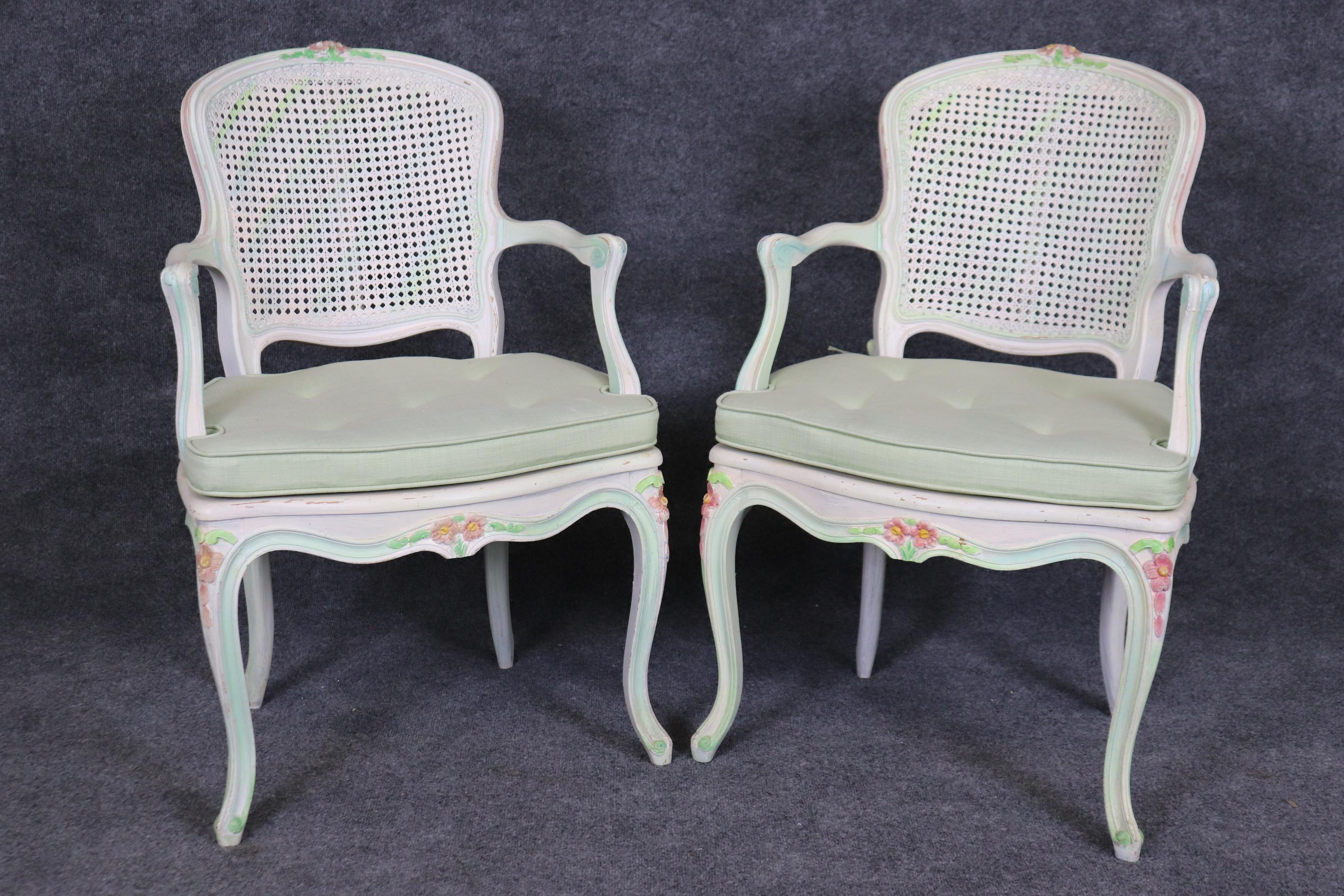 Mid-20th Century Set of Four Polychromed Cane Seat and Back French Louis XV Dining Salong Chairs  For Sale