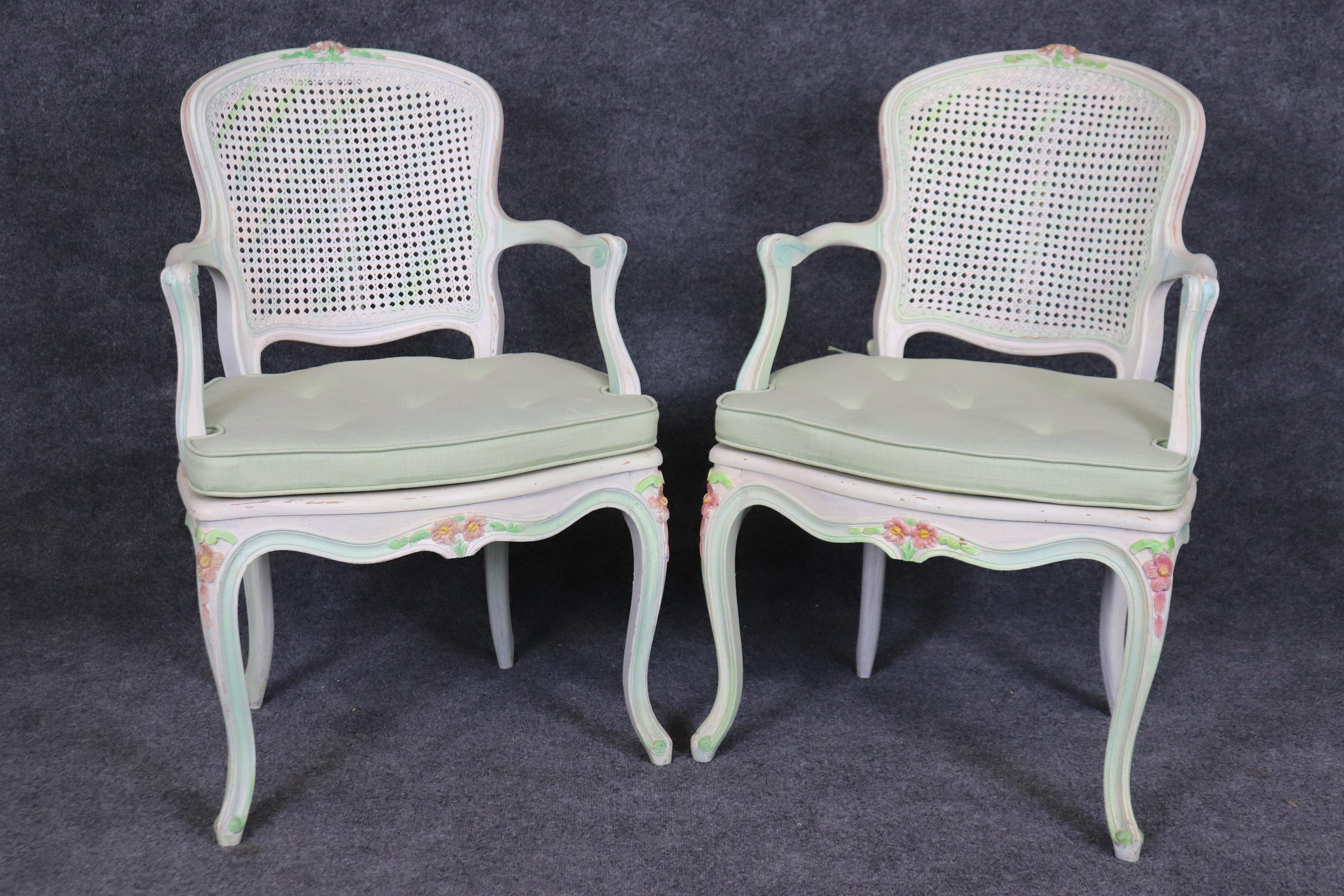 Mid-20th Century Set of Four Polychromed Cane Seat and Back French Louis XV Dining Salong Chairs For Sale