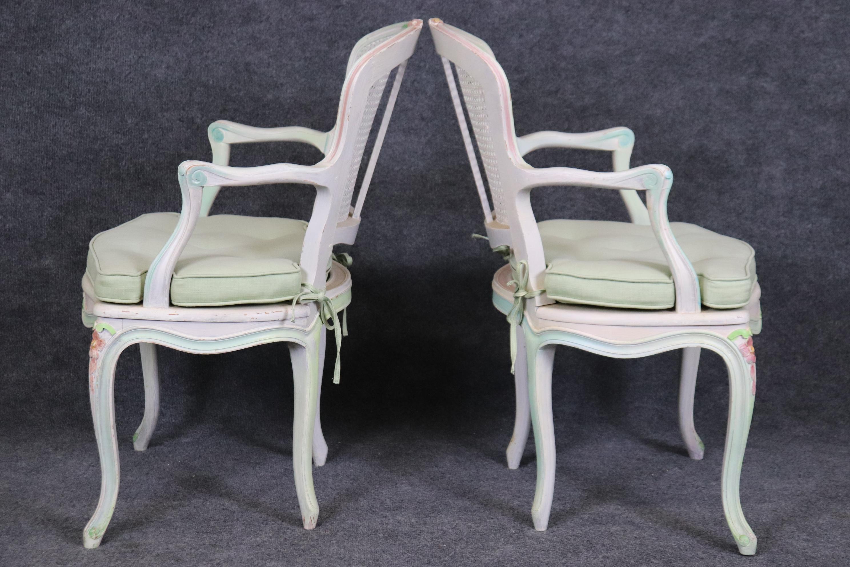 Upholstery Set of Four Polychromed Cane Seat and Back French Louis XV Dining Salong Chairs  For Sale