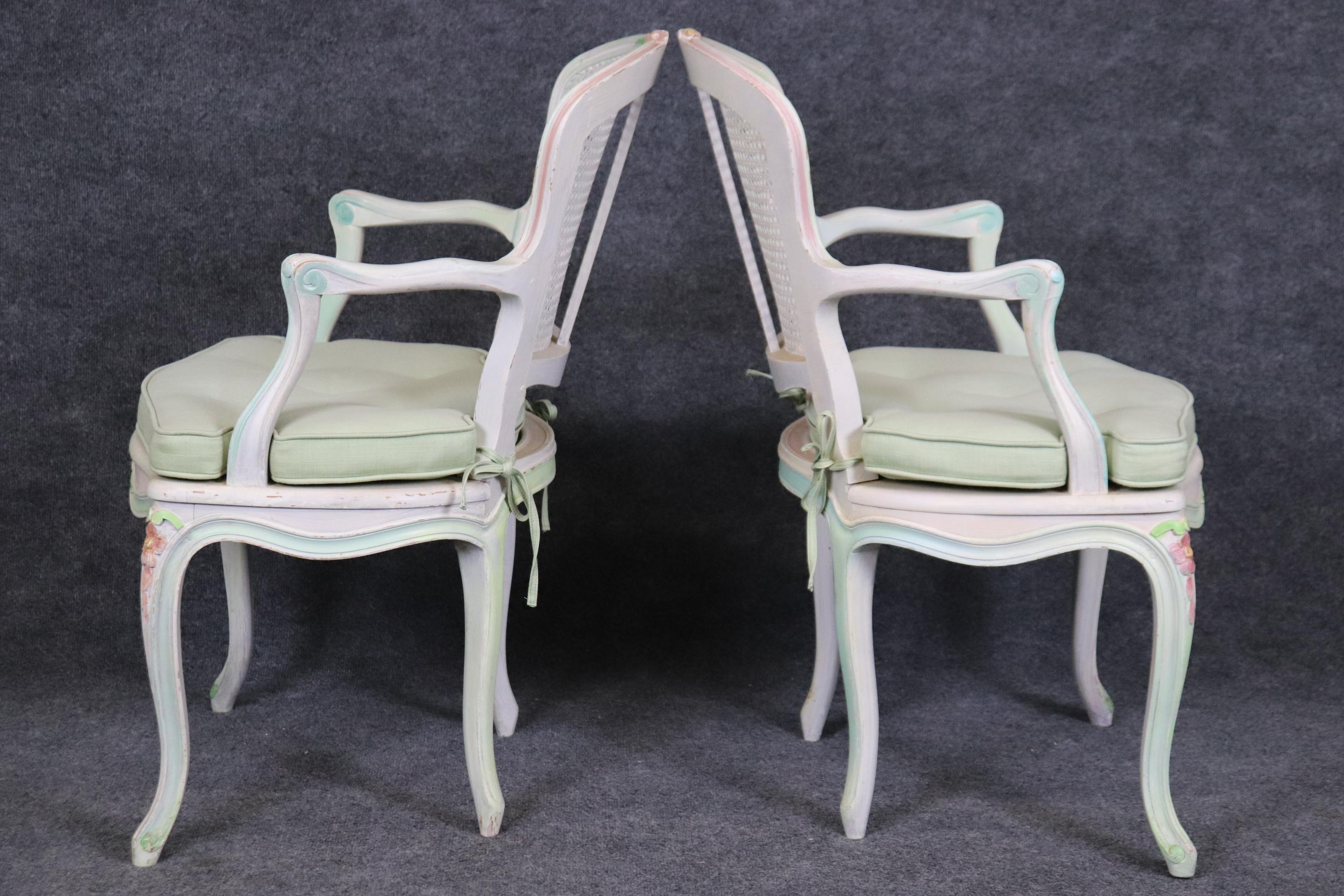 Upholstery Set of Four Polychromed Cane Seat and Back French Louis XV Dining Salong Chairs For Sale