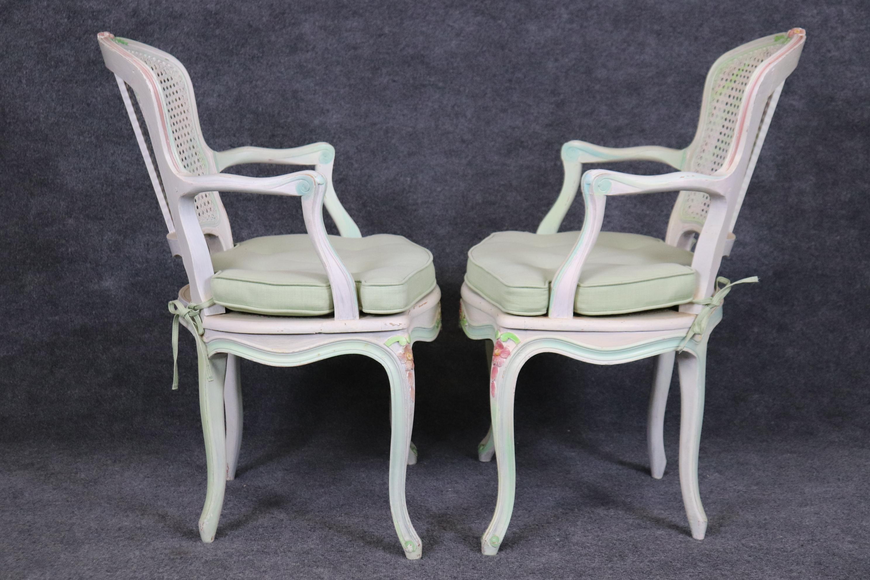 Set of Four Polychromed Cane Seat and Back French Louis XV Dining Salong Chairs For Sale 1
