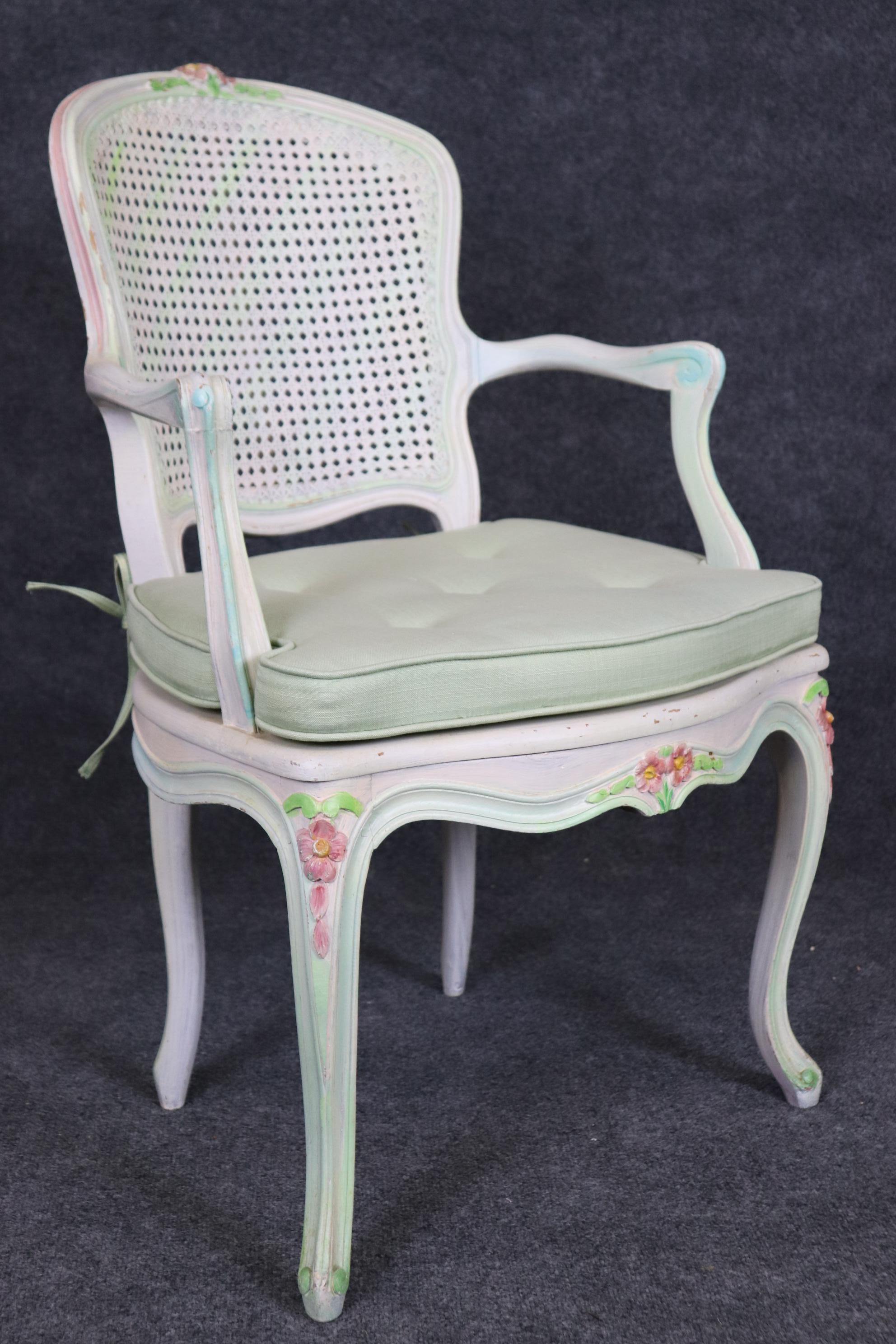 Set of Four Polychromed Cane Seat and Back French Louis XV Dining Salong Chairs For Sale 2