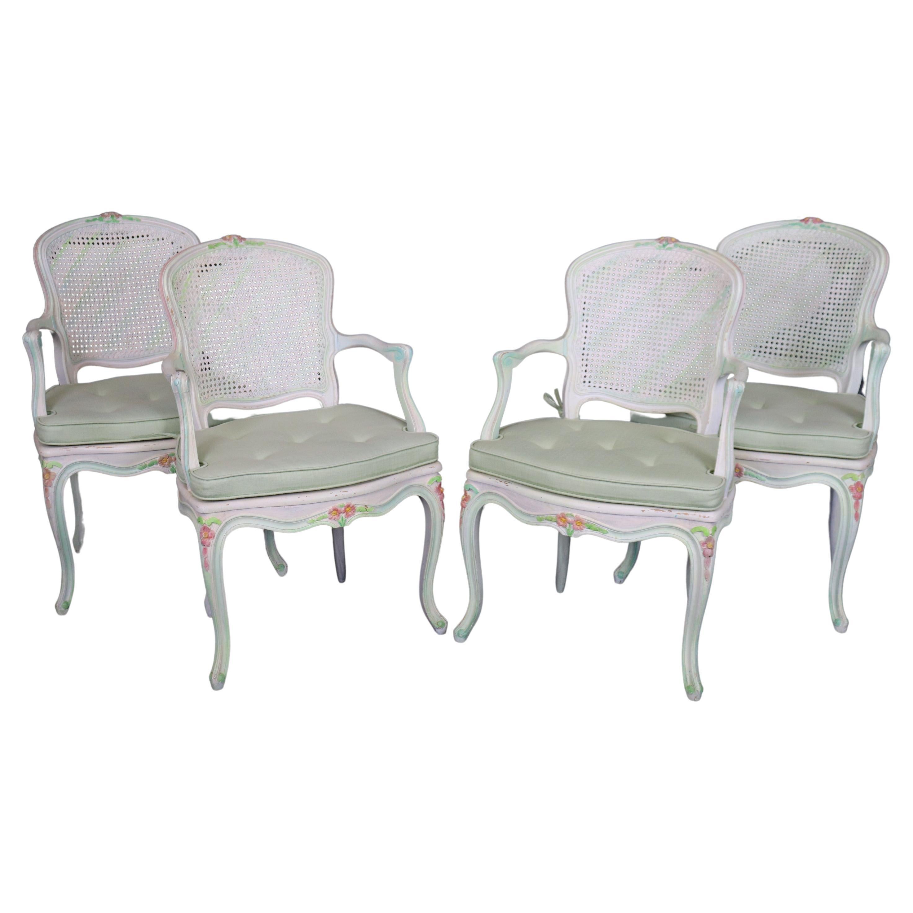 Set of Four Polychromed Cane Seat and Back French Louis XV Dining Salong Chairs  For Sale