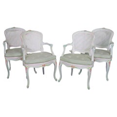 Satz von vier polychromierten Stühlen mit Sitz und Rückenlehne aus Rohrgeflecht, französisch, Louis XV, Salong 