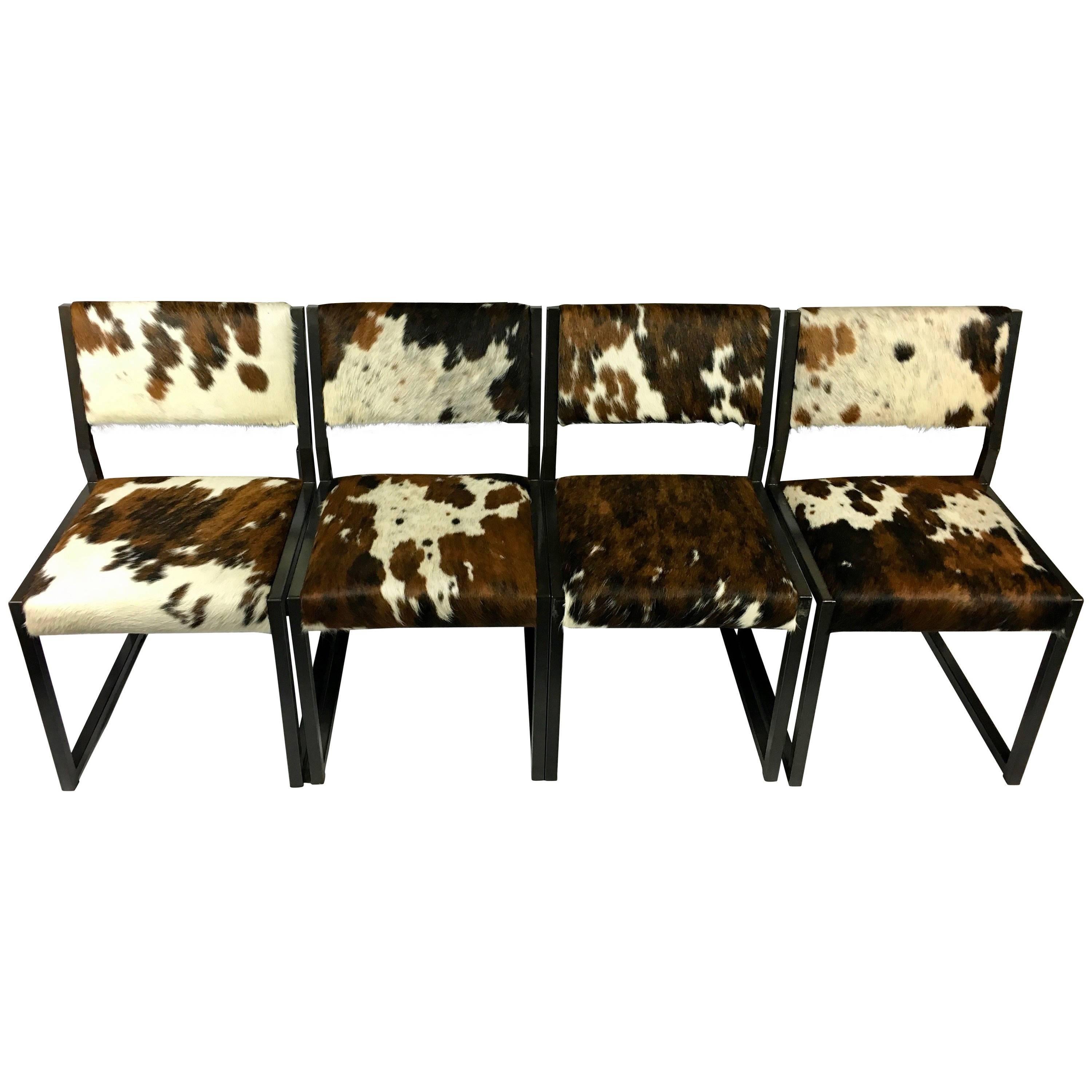 Set of Four Pony Skin Dining Chairs, Blackened Steel Frames by Uhuru Design