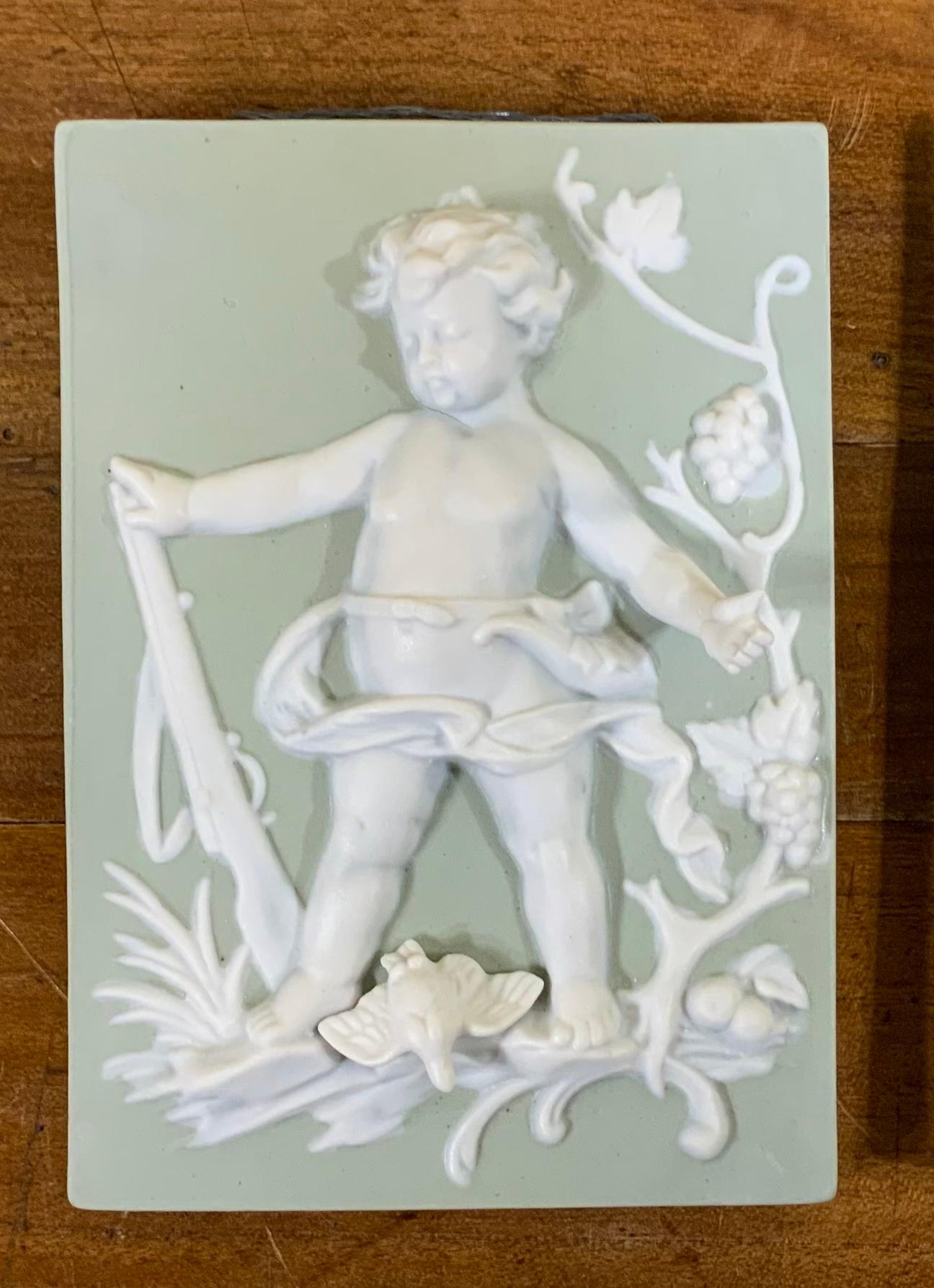 Elegant set of four vintage wall hanging cherubs statues, white and celadon colores, 
Great wall decoration.