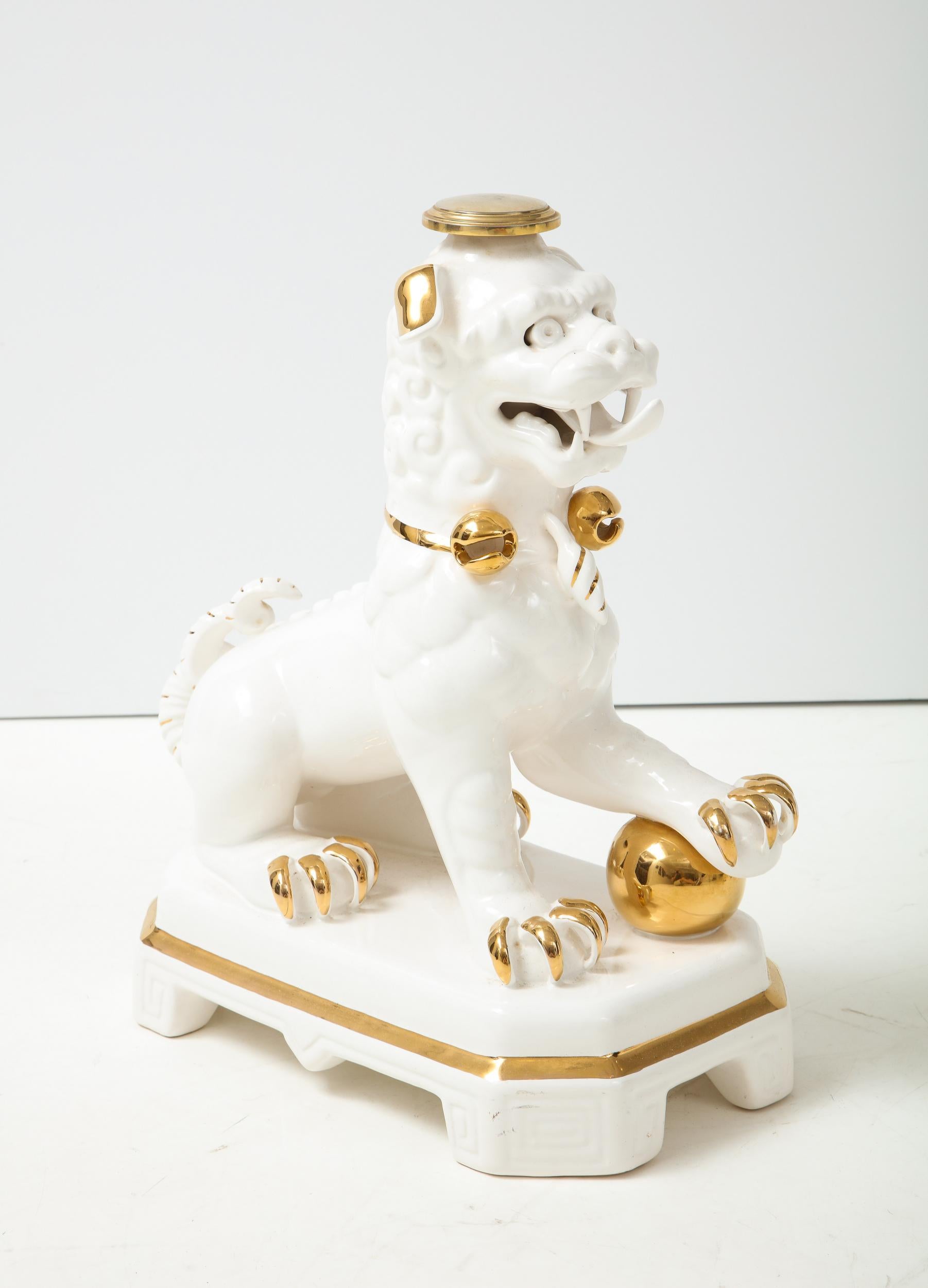 Set of Four Porcelain White & Gold Foo Dogs For Sale 3