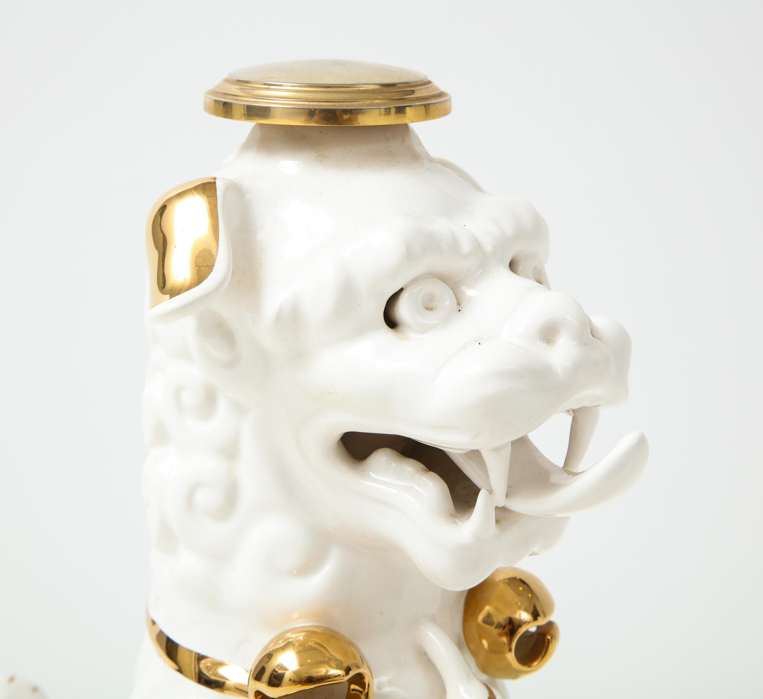 Set of Four Porcelain White & Gold Foo Dogs For Sale 5