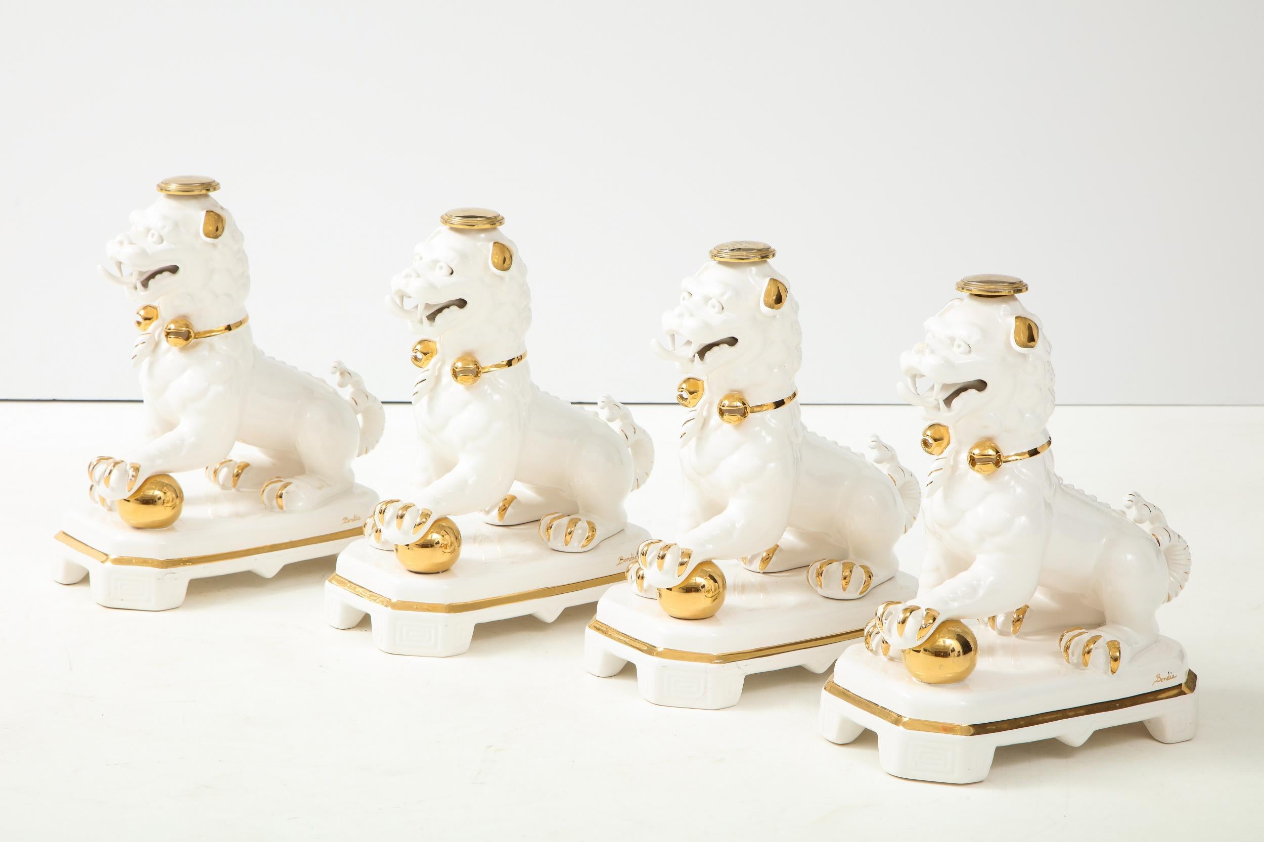 Japonisme Set of Four Porcelain White & Gold Foo Dogs For Sale