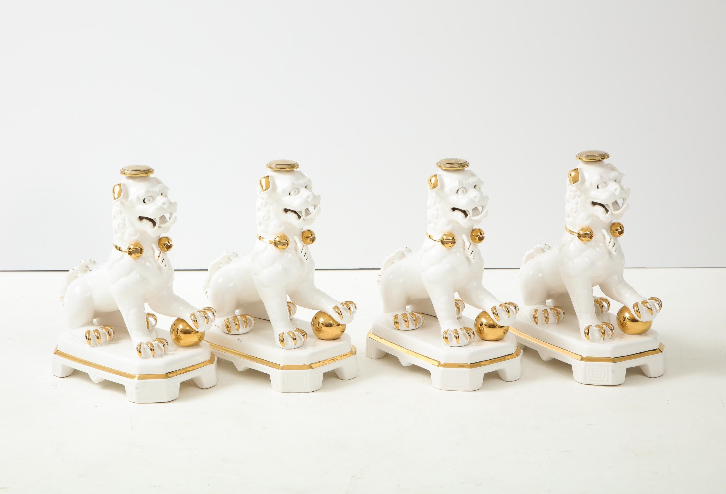 Set of Four Porcelain White & Gold Foo Dogs For Sale 1