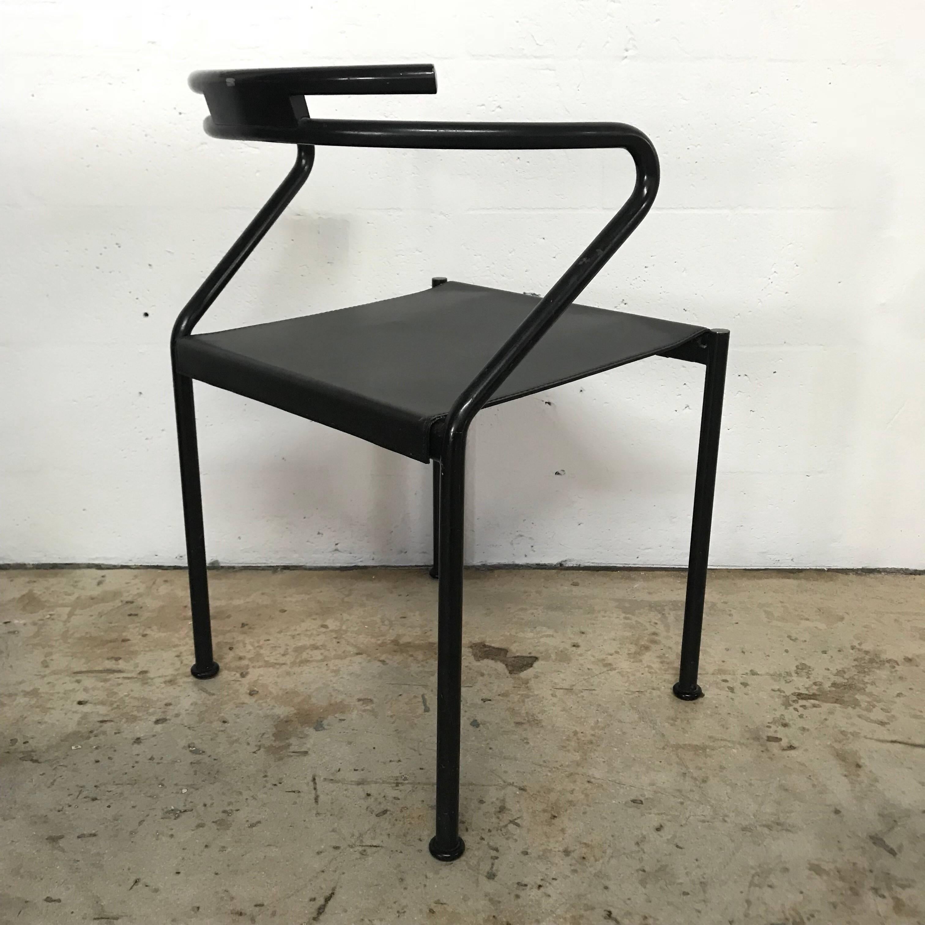 Post-Modern Set of Four Post Modern Black Leather Dining Chairs by Cidue 