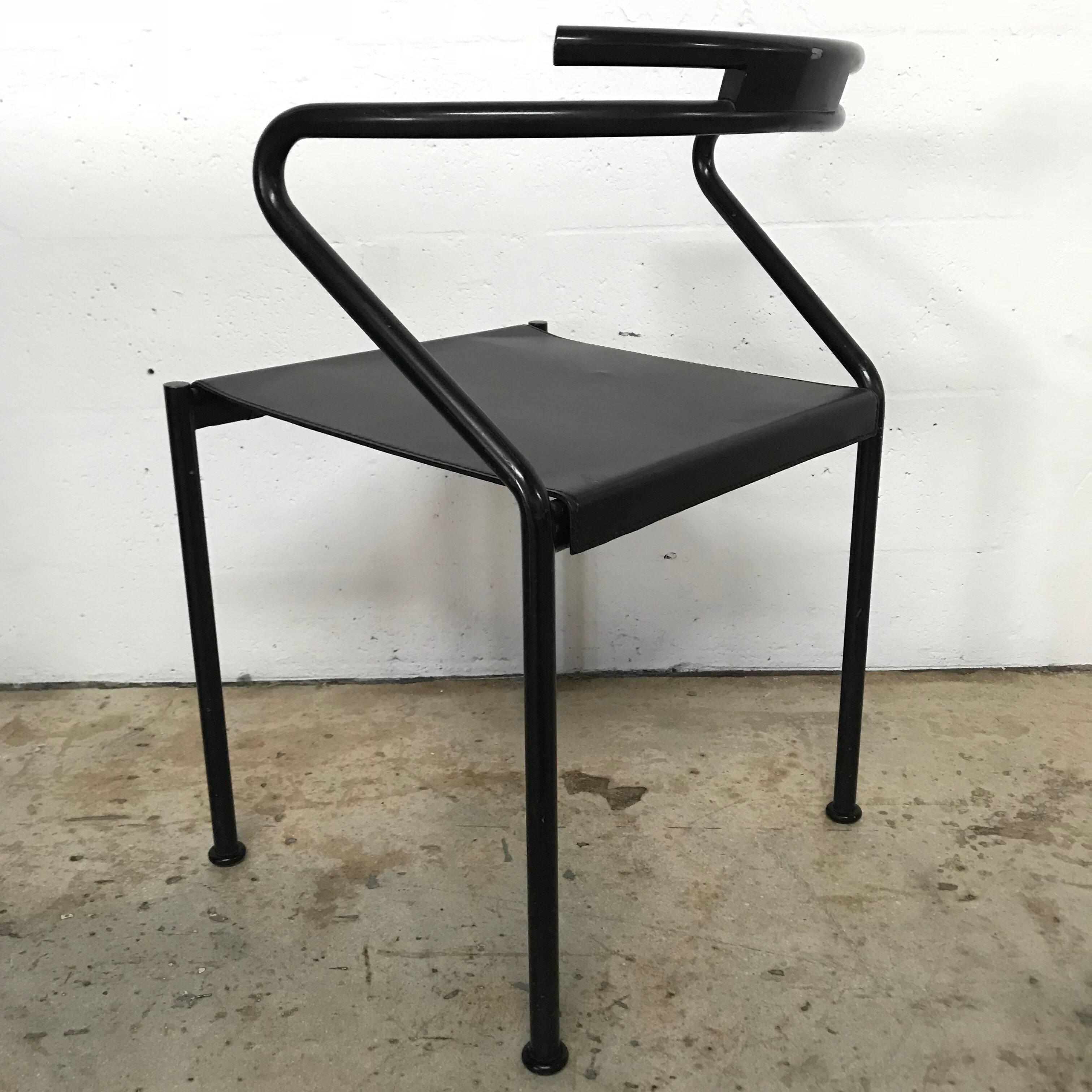 Powder-Coated Set of Four Post Modern Black Leather Dining Chairs by Cidue 
