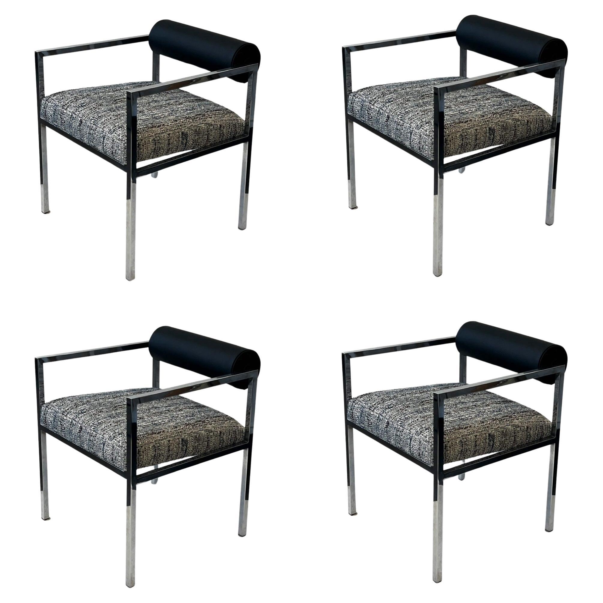 Set of Four Post-Modern Chrome and Black Leather Dining Chairs