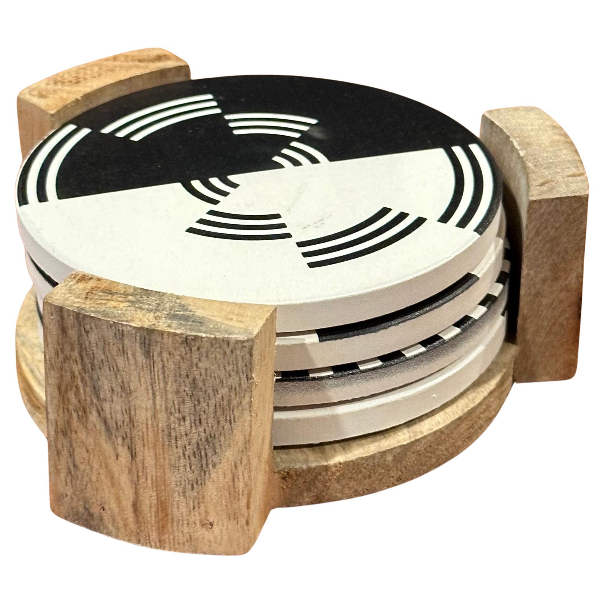 Set of Four Post-Modern Coasters with Holder For Sale