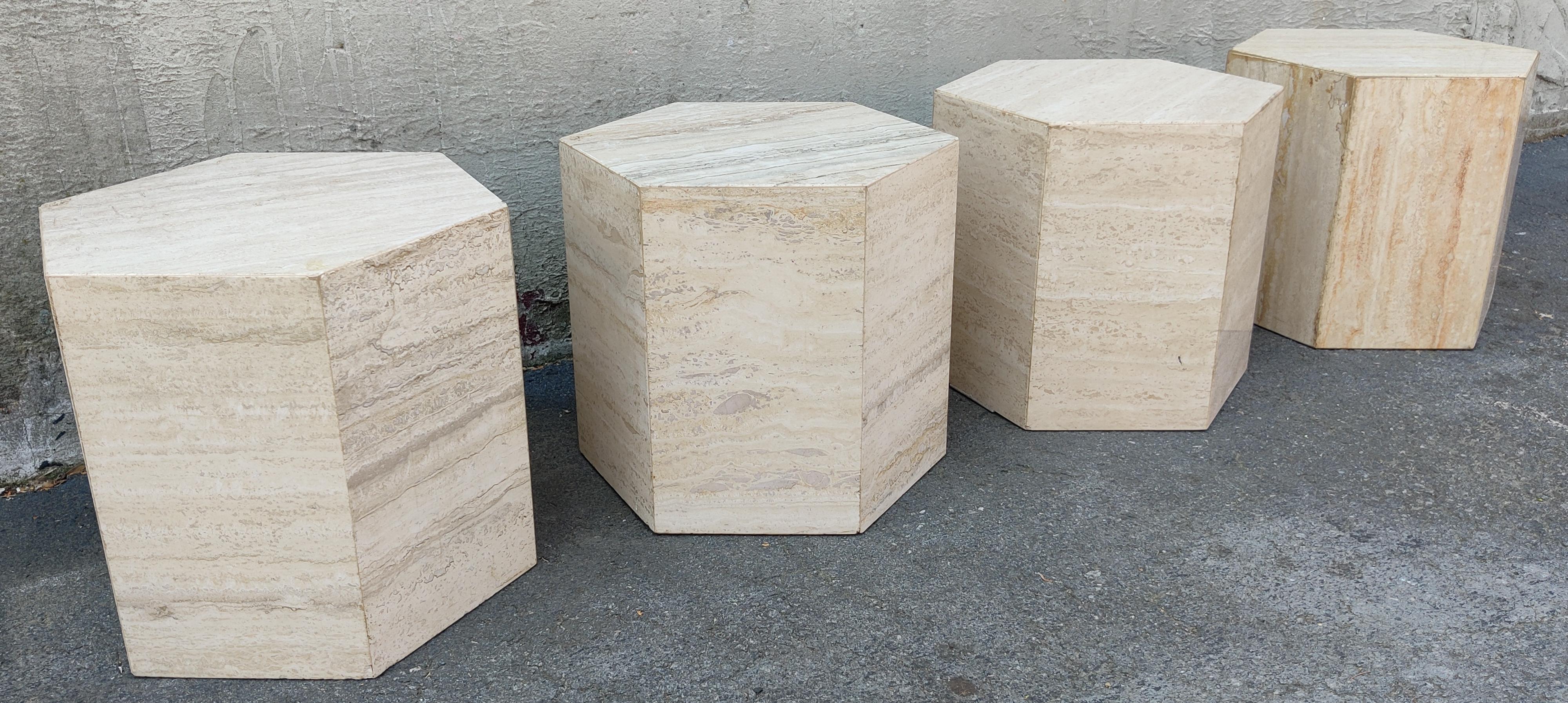 Set of Four Post-Modern Italian Travertine Marble Hexagonal Side Tables, 1970s In Good Condition For Sale In Philadelphia, PA