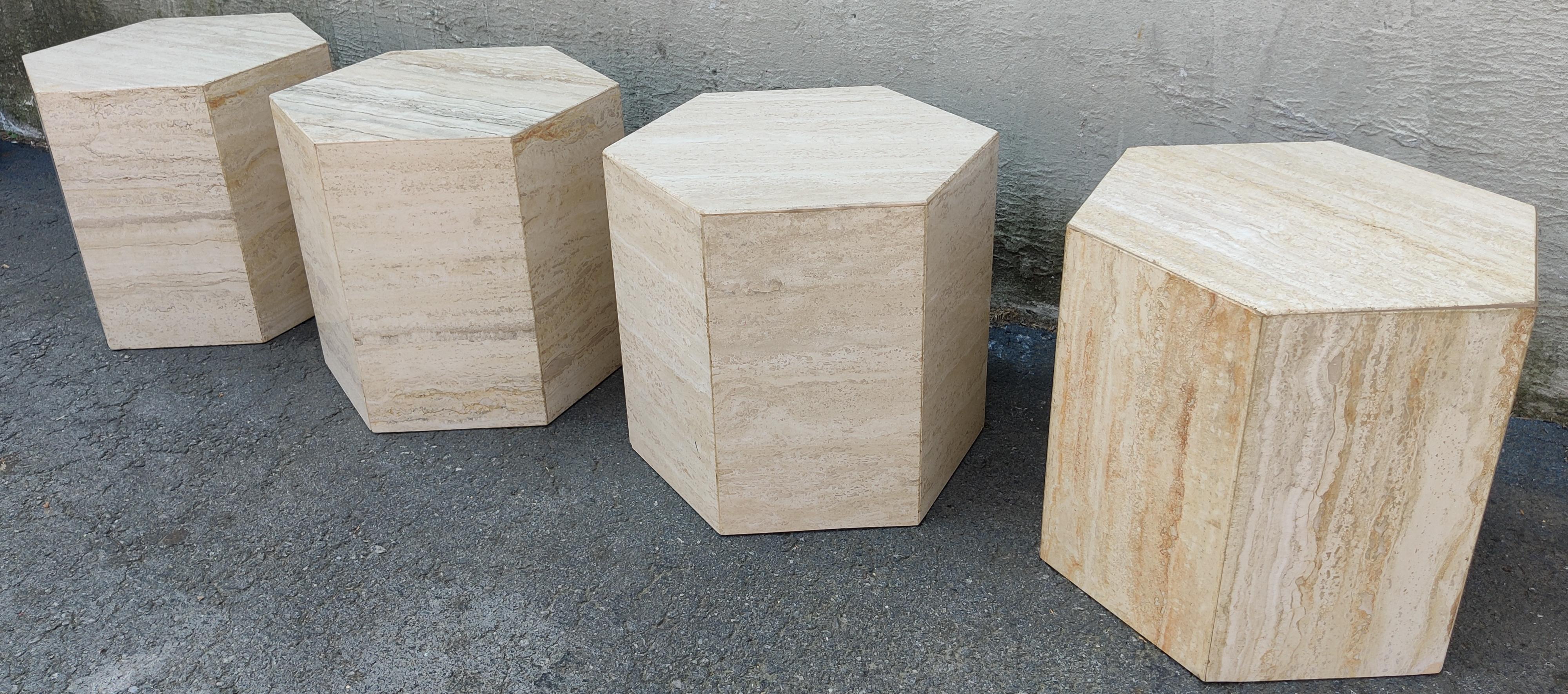 Late 20th Century Set of Four Post-Modern Italian Travertine Marble Hexagonal Side Tables, 1970s For Sale