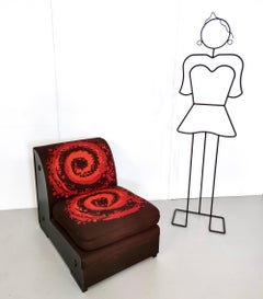 Set of Four Postmodern Brown Lounge Chairs with an Orange Red Spirals Motif