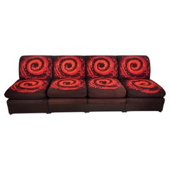 Set of Four Postmodern Brown Lounge Chairs with an Orange Red Spirals Motif