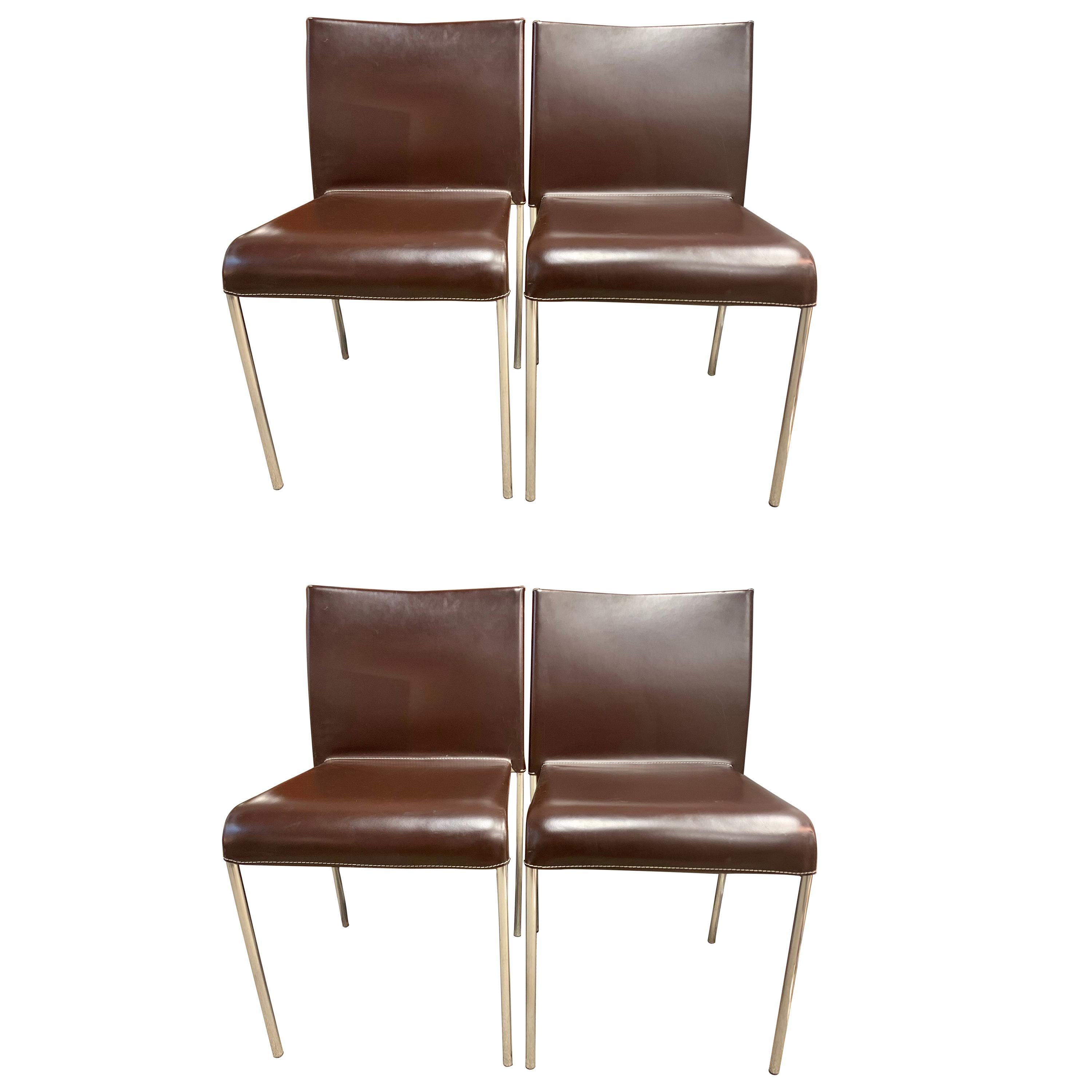 Set of Four Potocco Italy Italian Brown Leather Dining Chairs