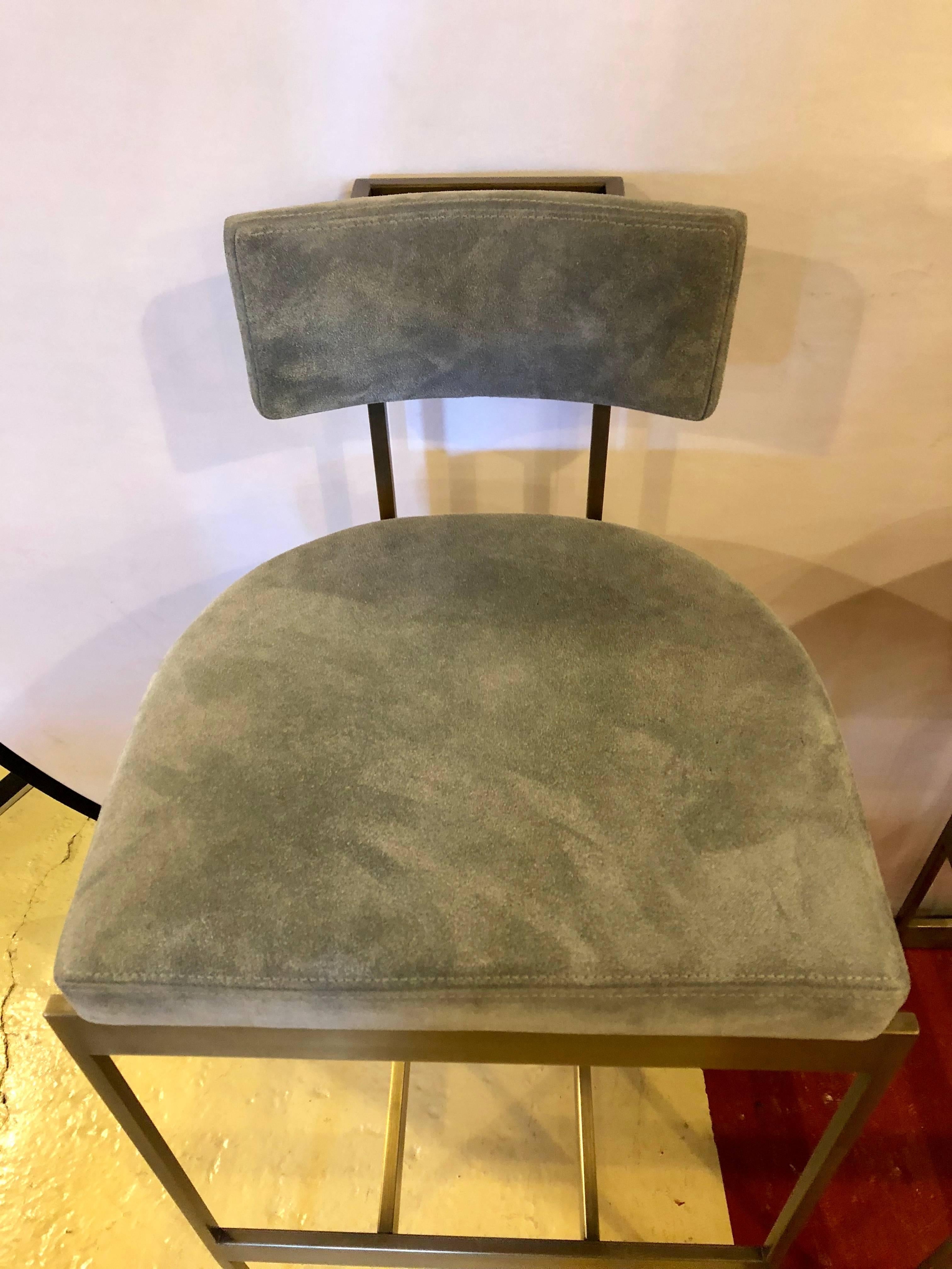 Set of four Powell and Bonnell 'Alto' Suede bar stools. Alto stool (9982 / 9983) lightweight plated steel stool, finished with tops stitched suede seat and backrest. Bar height bar stool with sculptural steel frame. Tightly upholstered seat and