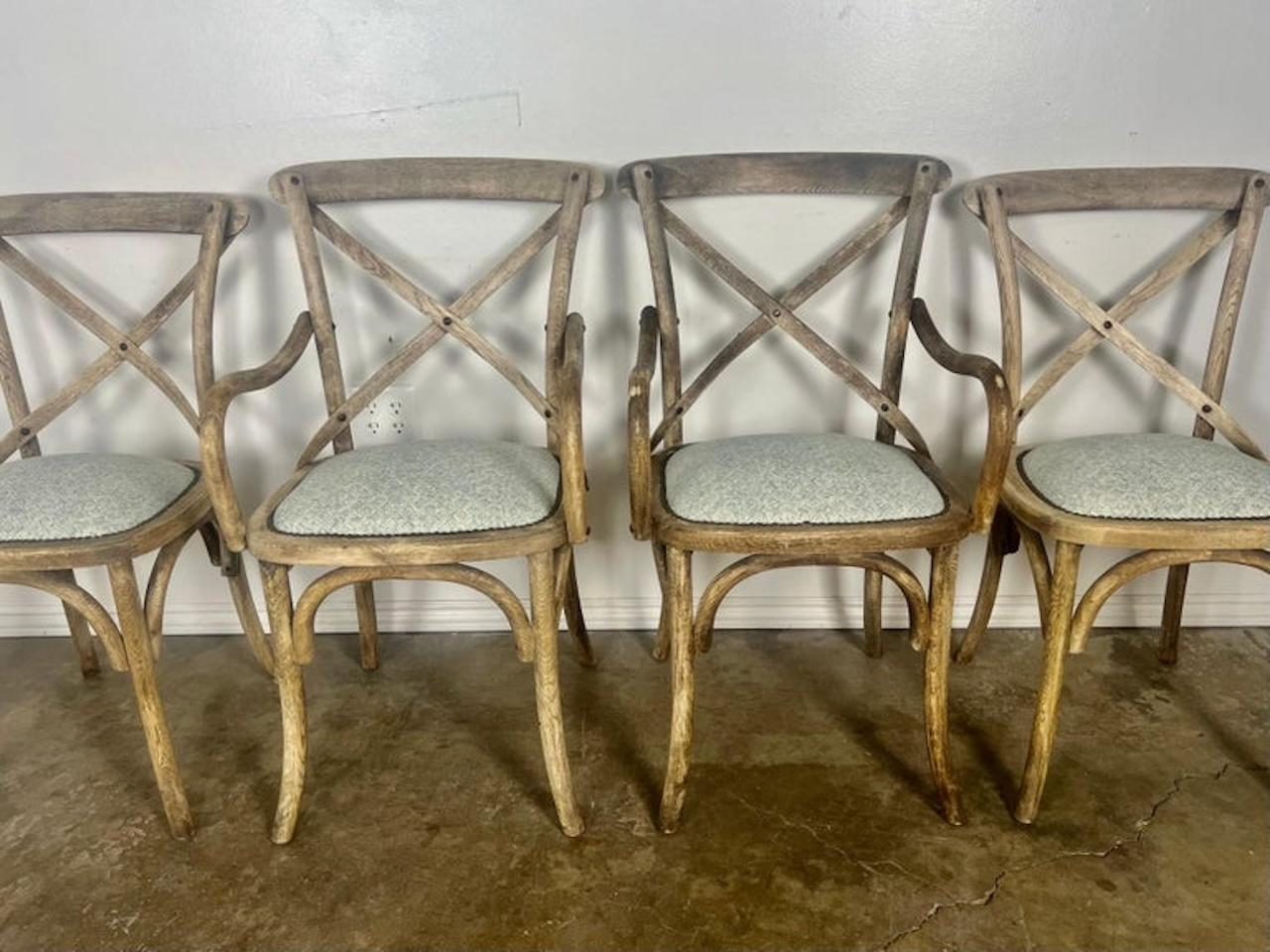 English Set of Four Primitive Dining Chairs w/ Linen Seats For Sale