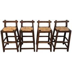 Antique Set of Four Primitive Style Oak Bar Stools