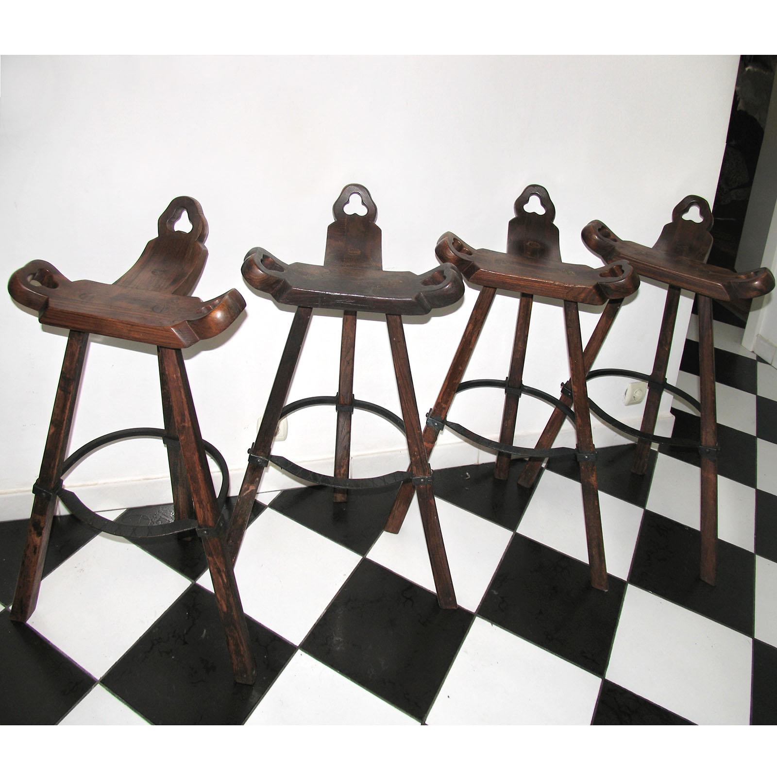 Set of Four Primitive Tripod Bar Stools 2