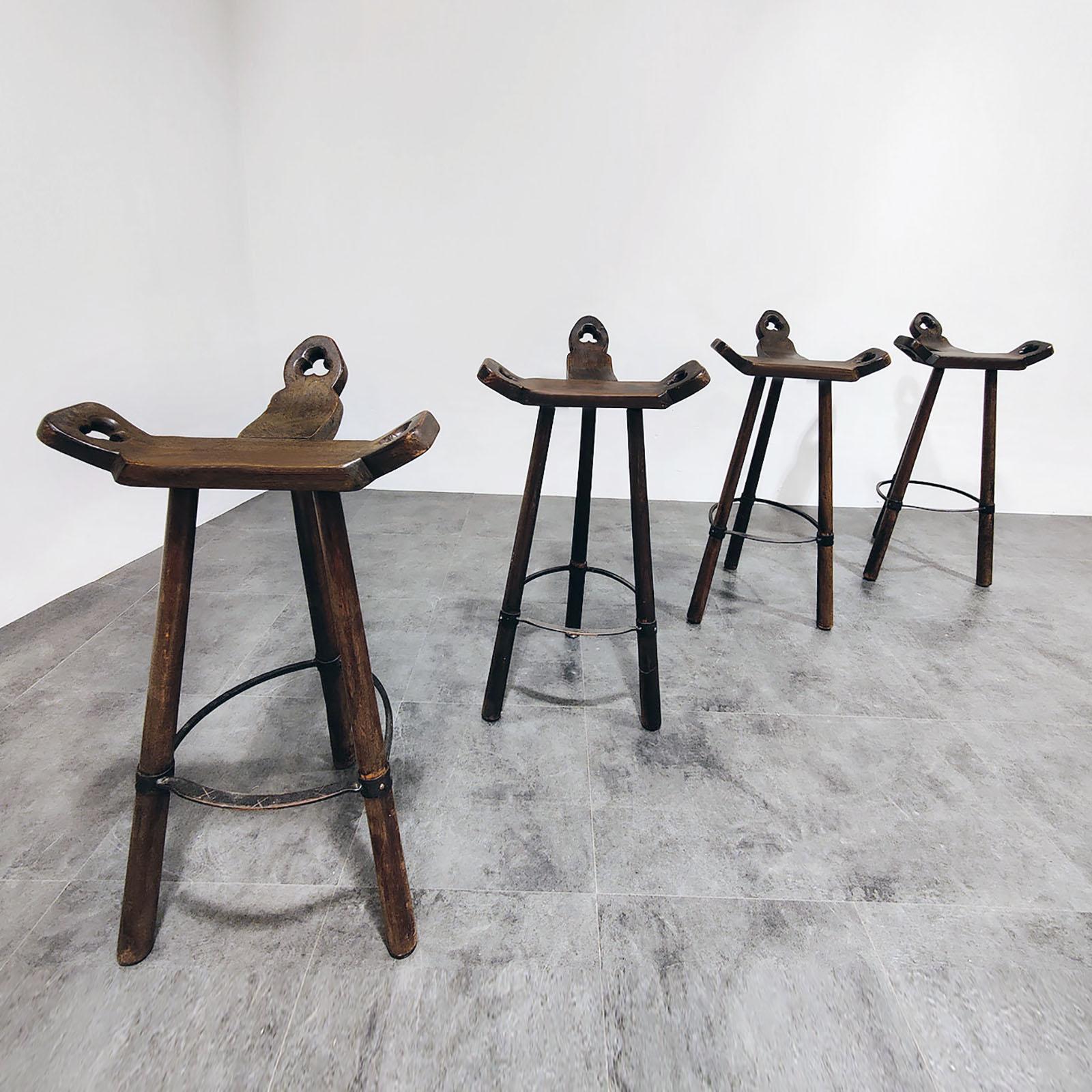 Mid-Century Modern Set of Four Primitive Tripod Bar Stools