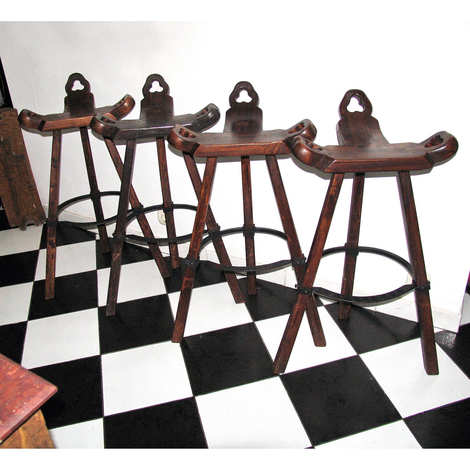 Spanish Set of Four Primitive Tripod Bar Stools