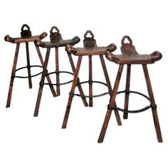 Set of Four Primitive Tripod Bar Stools